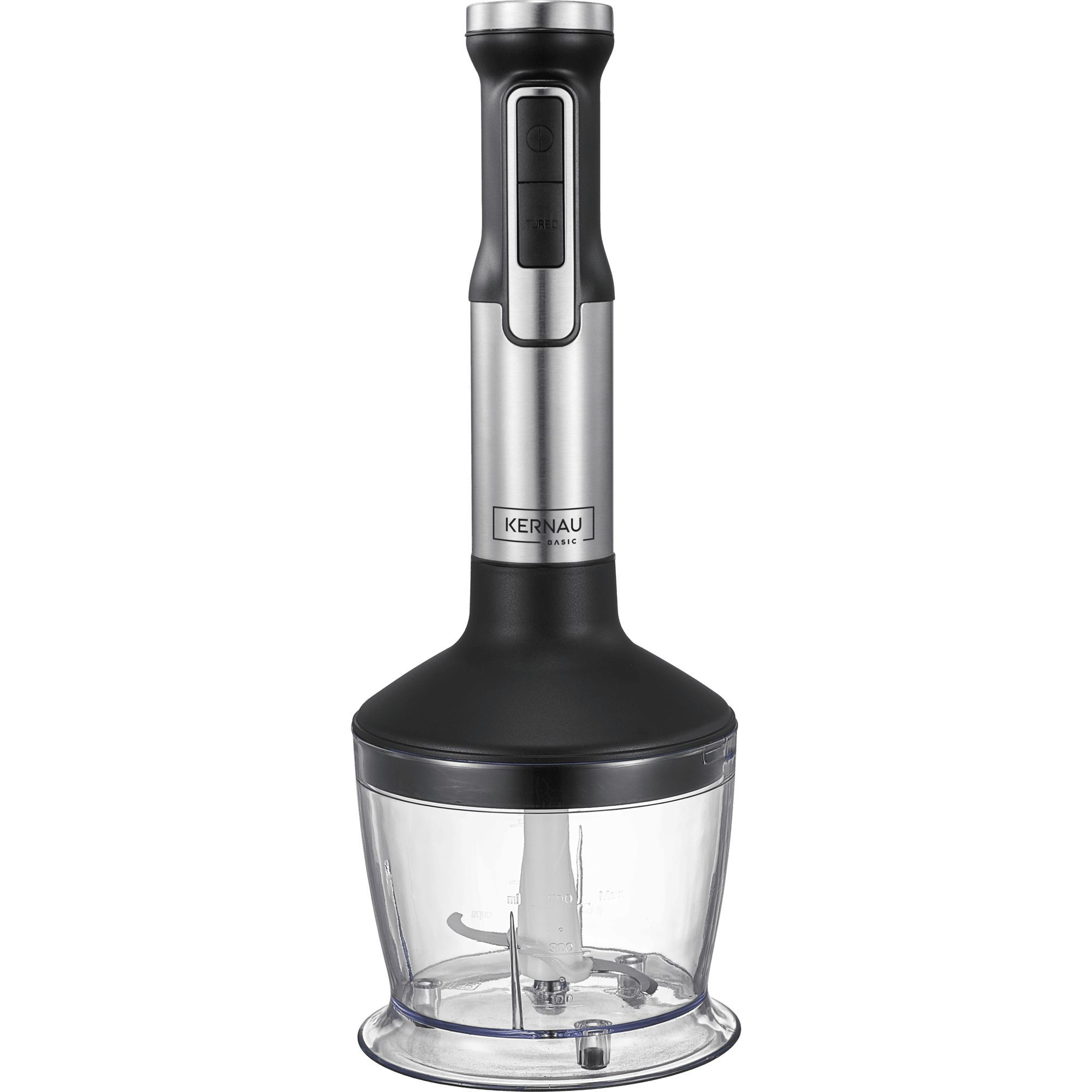 Srebrno-czarny blender ręczny z przezroczystym pojemnikiem na białym tle.