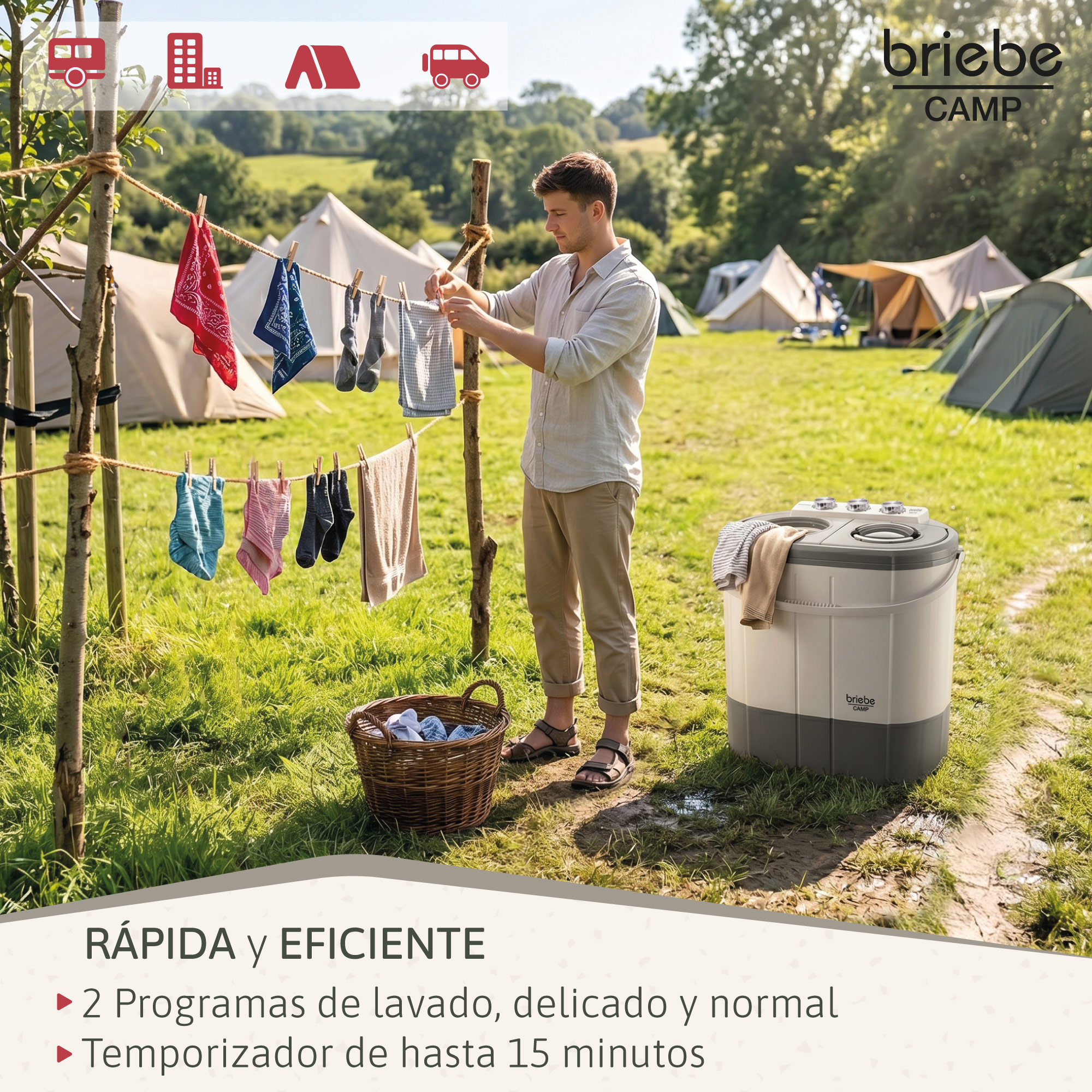 Un hombre tiende la ropa en un camping, con una lavadora pequeña al lado.