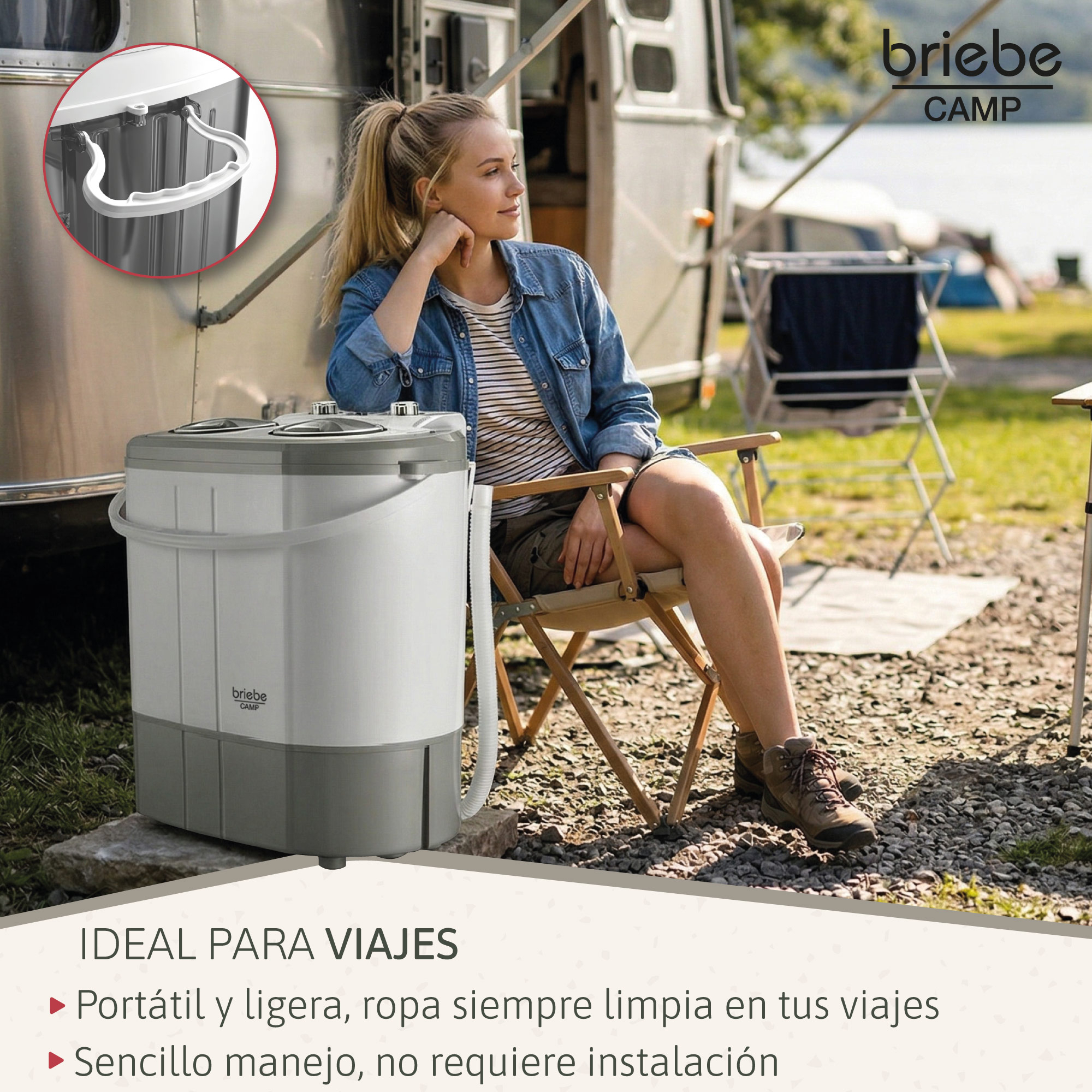 Una mujer rubia se sienta junto a una caravana al lado de una lavadora portátil Briebe Camp.