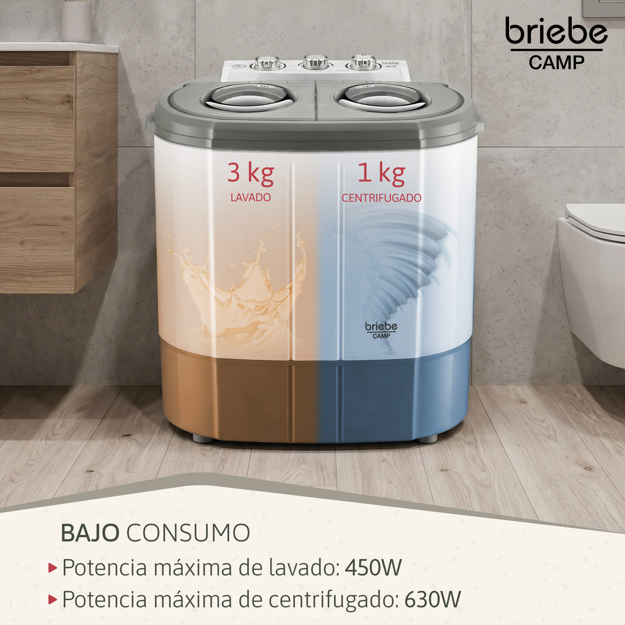 Lavadora de doble tina Briebe Camp con 3kg de lavado y 1kg de centrifugado en un baño moderno.