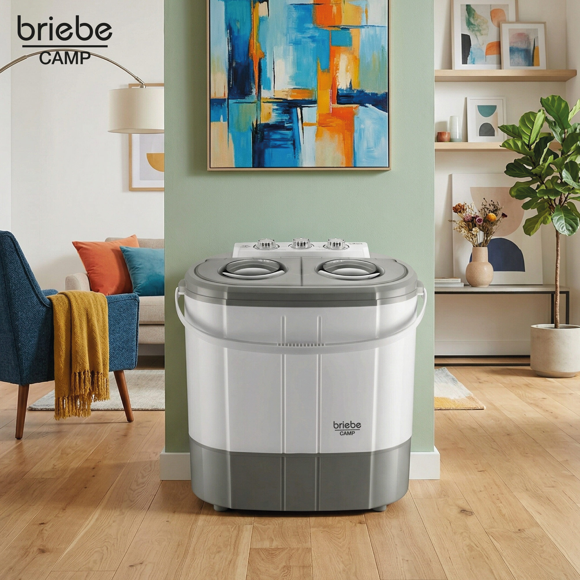 Una lavadora de doble tina blanca y gris se encuentra en una sala de estar elegante con suelos de madera.