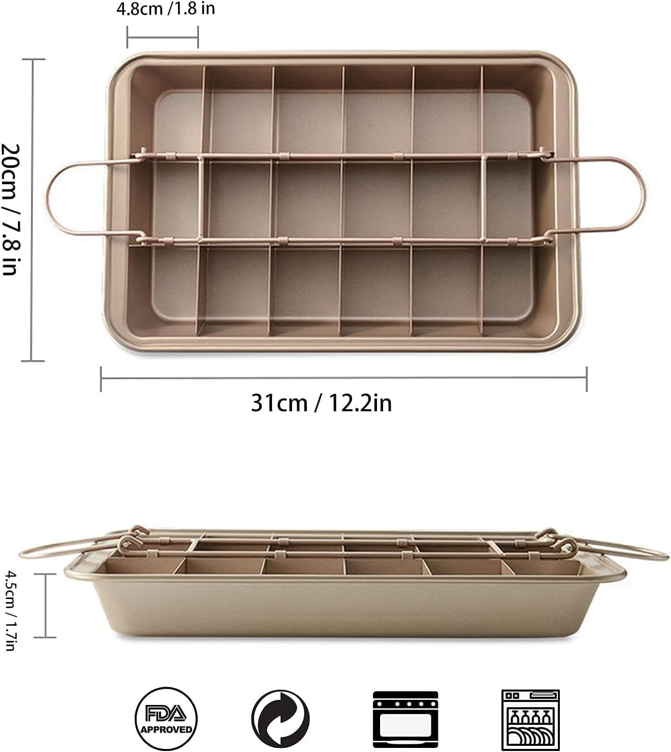 Goldfarbene Brownie-Backform mit integriertem Teiler, Maße 31x20x4,5 cm, mit FDA- und Spülmaschinen-Symbolen.