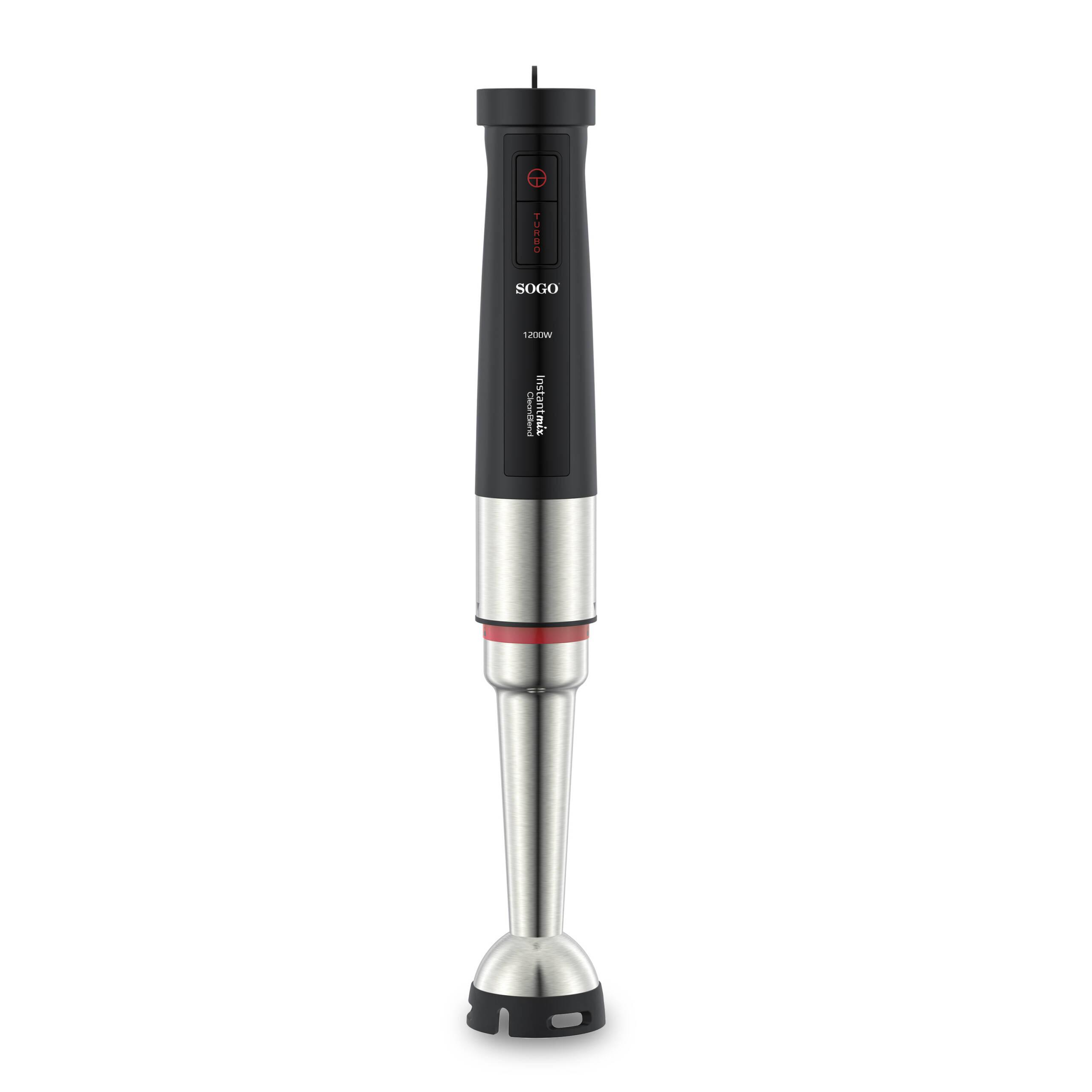 Frullatore ad immersione Sogo nero e argento con 1200W e funzione turbo su sfondo bianco.