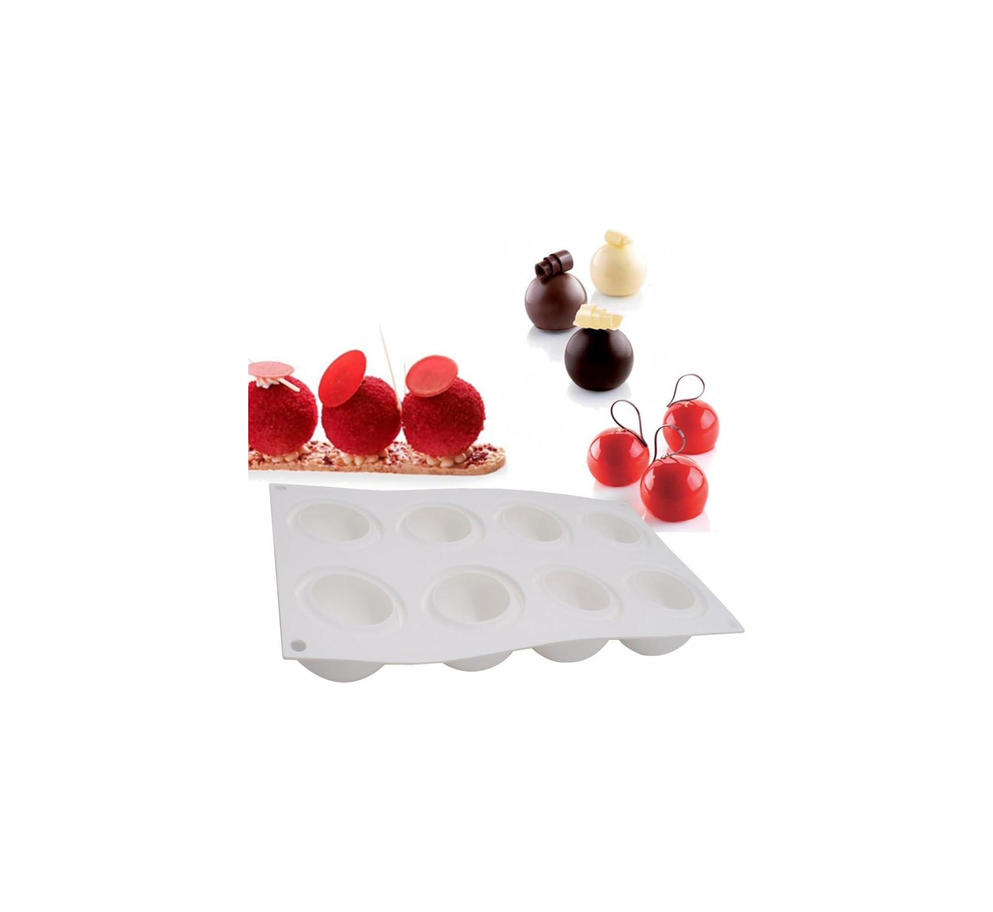 Eine weiße Silikonbackform liegt vor Desserts in Kugelform und aufgereihten roten Kuchen.