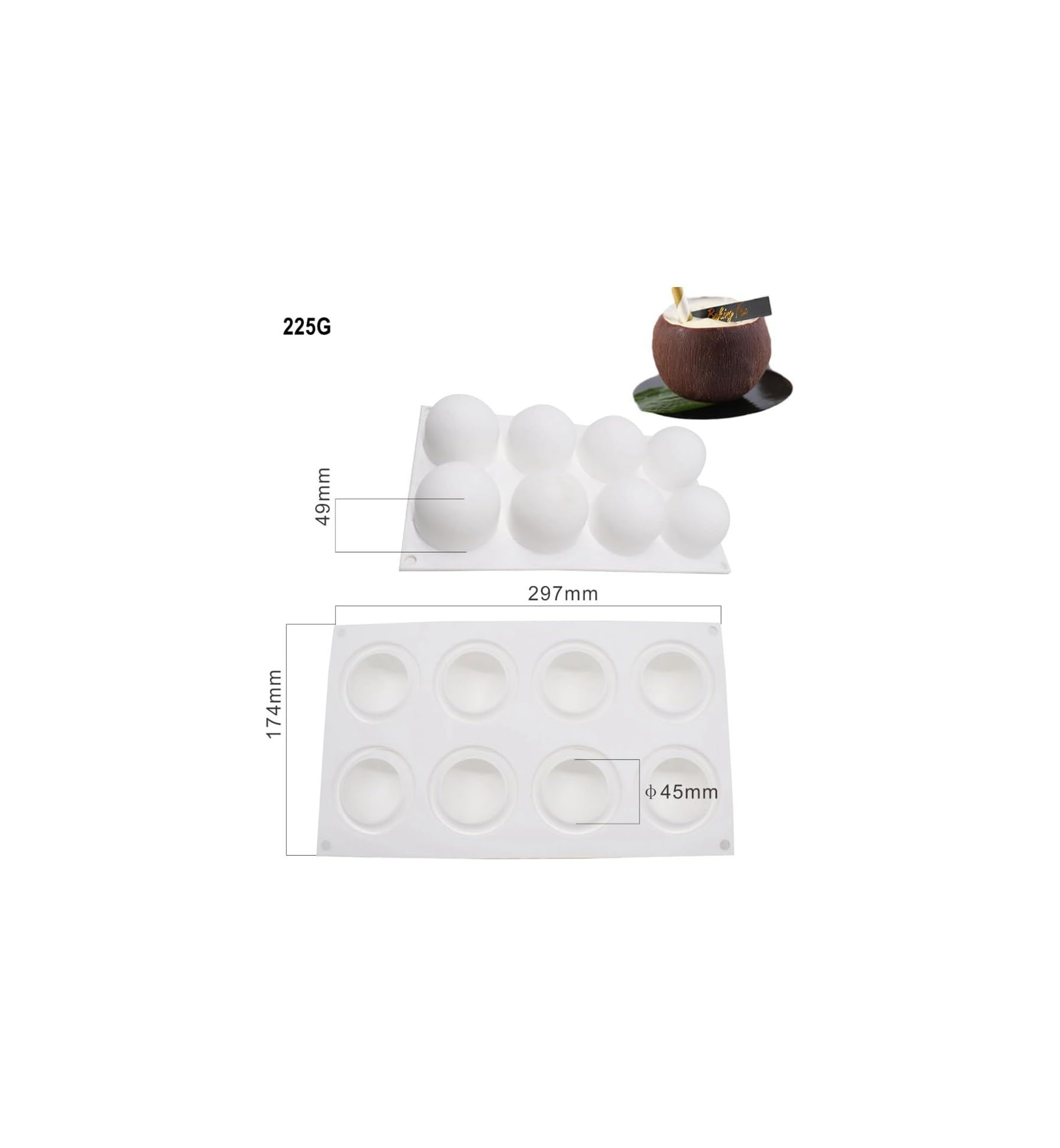 Weiße Silikonform für acht runde Kugeln mit Produktabmessungen und einem Beispieldessert.