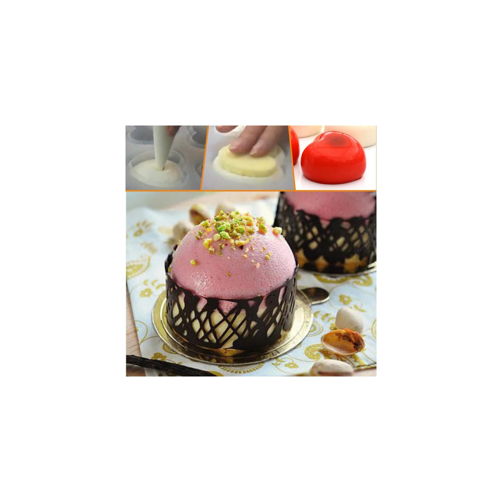 Ein rosafarbener, kuppelförmiger Kuchen mit Pistazien und Schokoladengitter, darüber Bilder der Zubereitung.