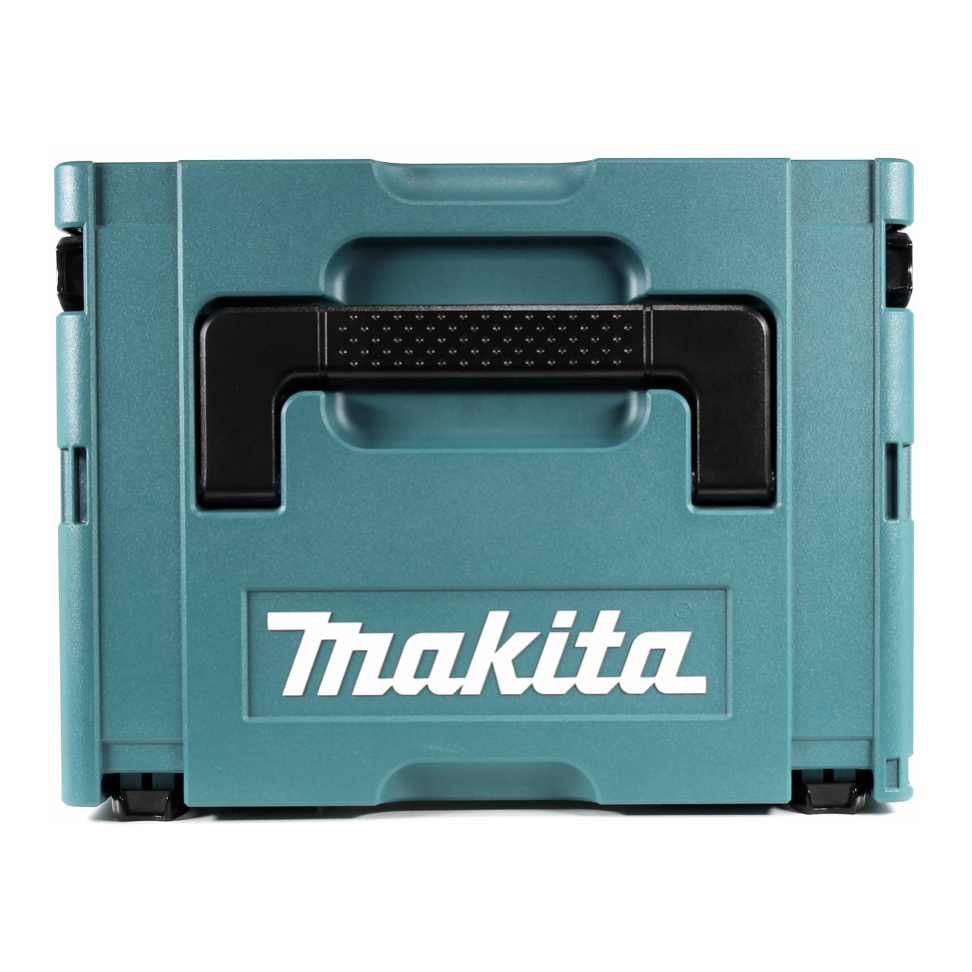 Ein türkisfarbener Makita-Werkzeugkasten mit einem schwarzen Griff und weißem Logo auf weißem Hintergrund.