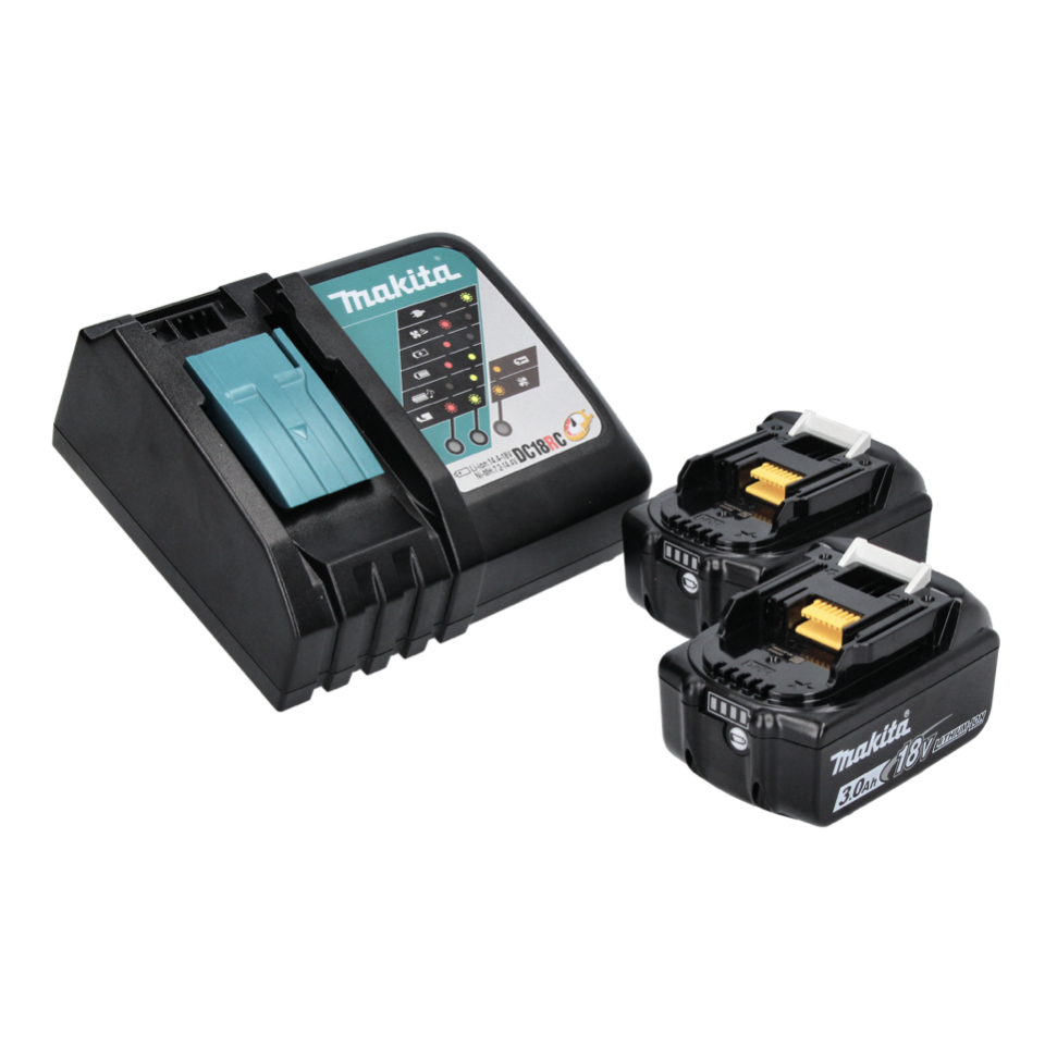 Ein schwarzes Makita-Ladegerät mit türkisem Akzent und zwei schwarzen 18V-Lithium-Ionen-Akkus auf weißem Grund.