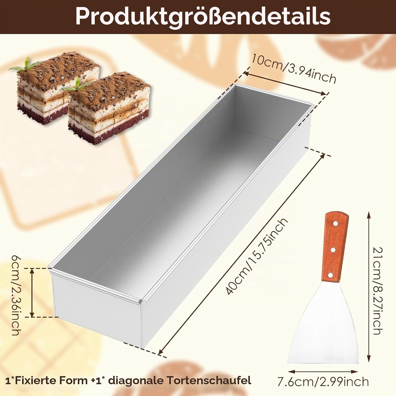 Langes silbernes Backblech mit Kuchenstücken, Spatel und Maßangaben.