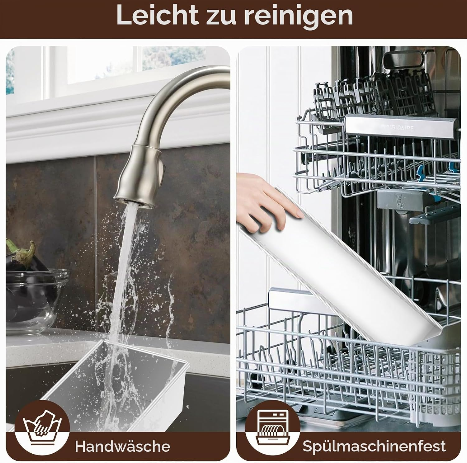 Ein Bild zeigt Handwäsche unter einem Wasserhahn, das andere zeigt Geschirrspülen in einer Spülmaschine.
