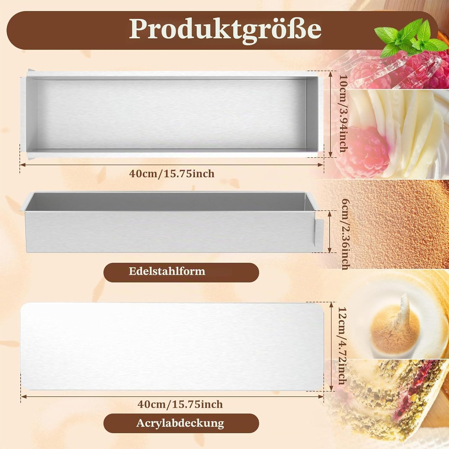 Rechteckige Edelstahlform mit Maßen und Acryldeckel, neben Desserts mit Himbeeren gezeigt.