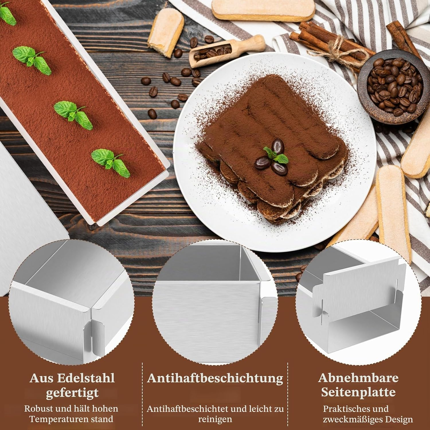 Tiramisu mit Kakaopulver und Minze auf Holztisch, mit Edelstahl-Backformen.