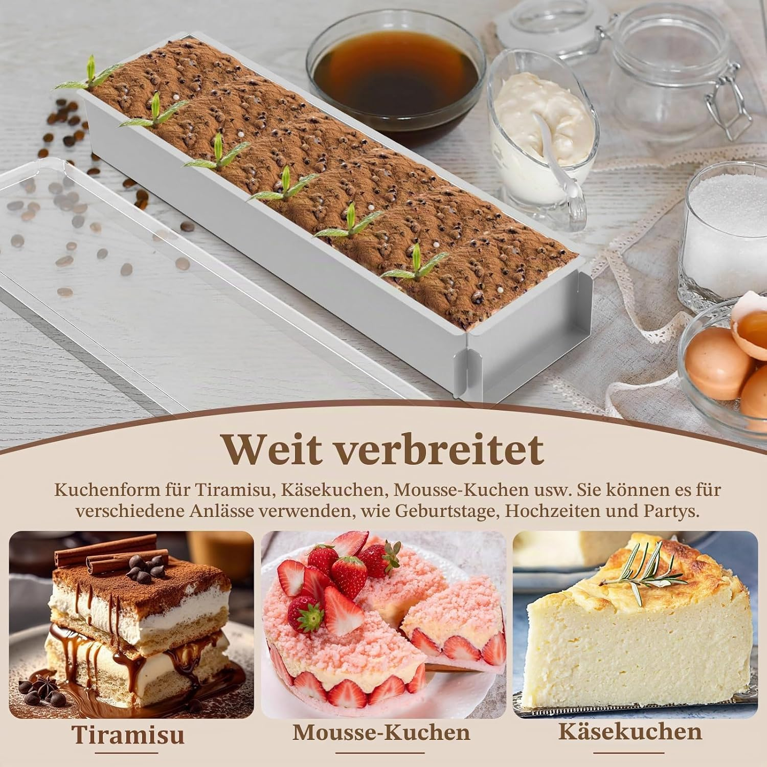 Eine rechteckige Kuchenform mit Tiramisu, Zutaten und Beispielen für Tiramisu, Mousse-Kuchen und Käsekuchen.