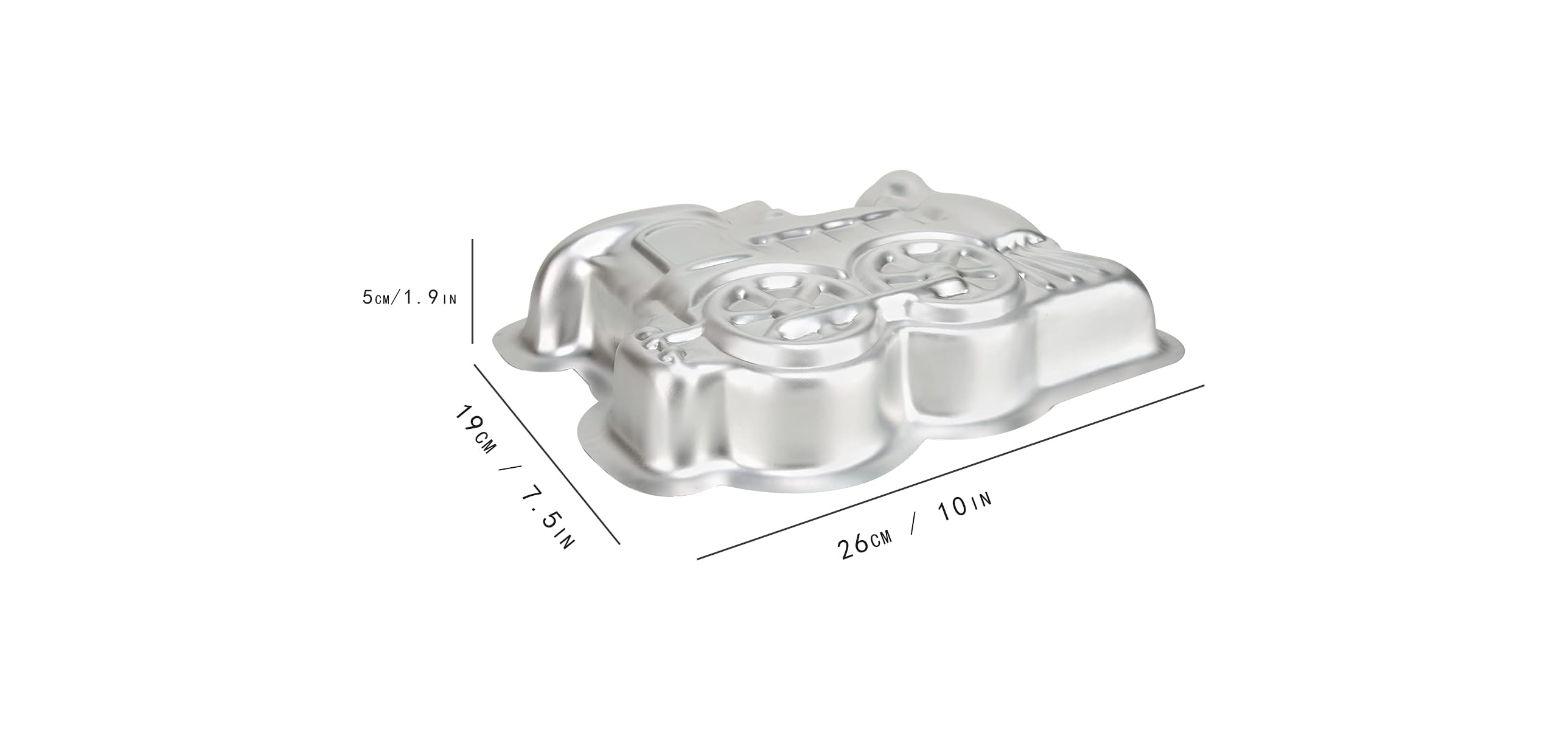 Silberne Metall-Kuchenform in Zugform mit Maßlinien für 26 cm Länge, 19 cm Breite und 5 cm Höhe.