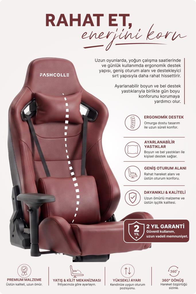 Kırmızı renkli ergonomik oyuncu koltuğu, yastıkları, özellikleri ve Türkçe yazılar.