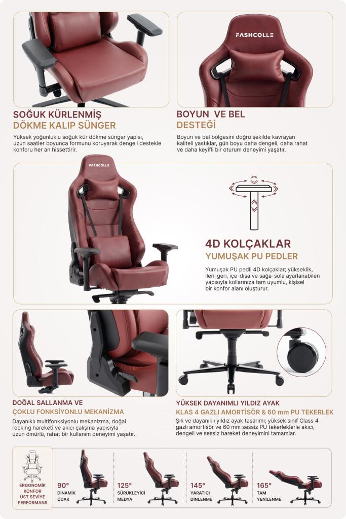 Sünger, minderler, kolçaklar ve tekerlekler dahil kırmızı oyuncu koltuğunun özellikleri.
