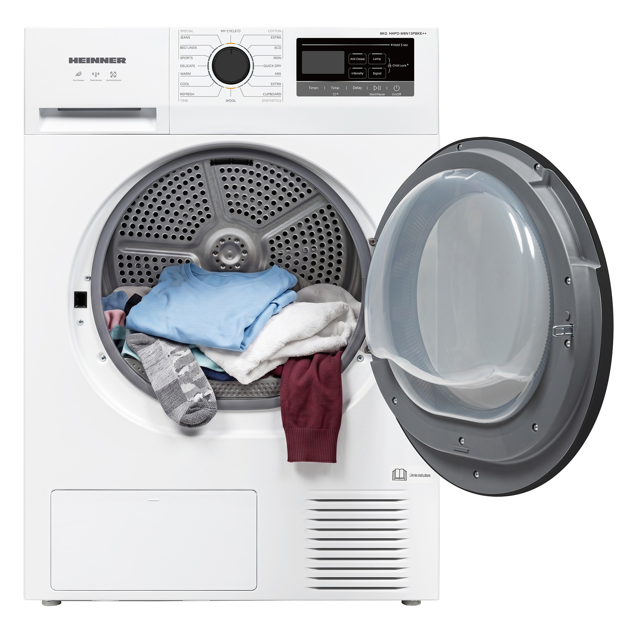 A white Heinner tumble dryer with an open door showing damp clothes inside the illuminated drum.