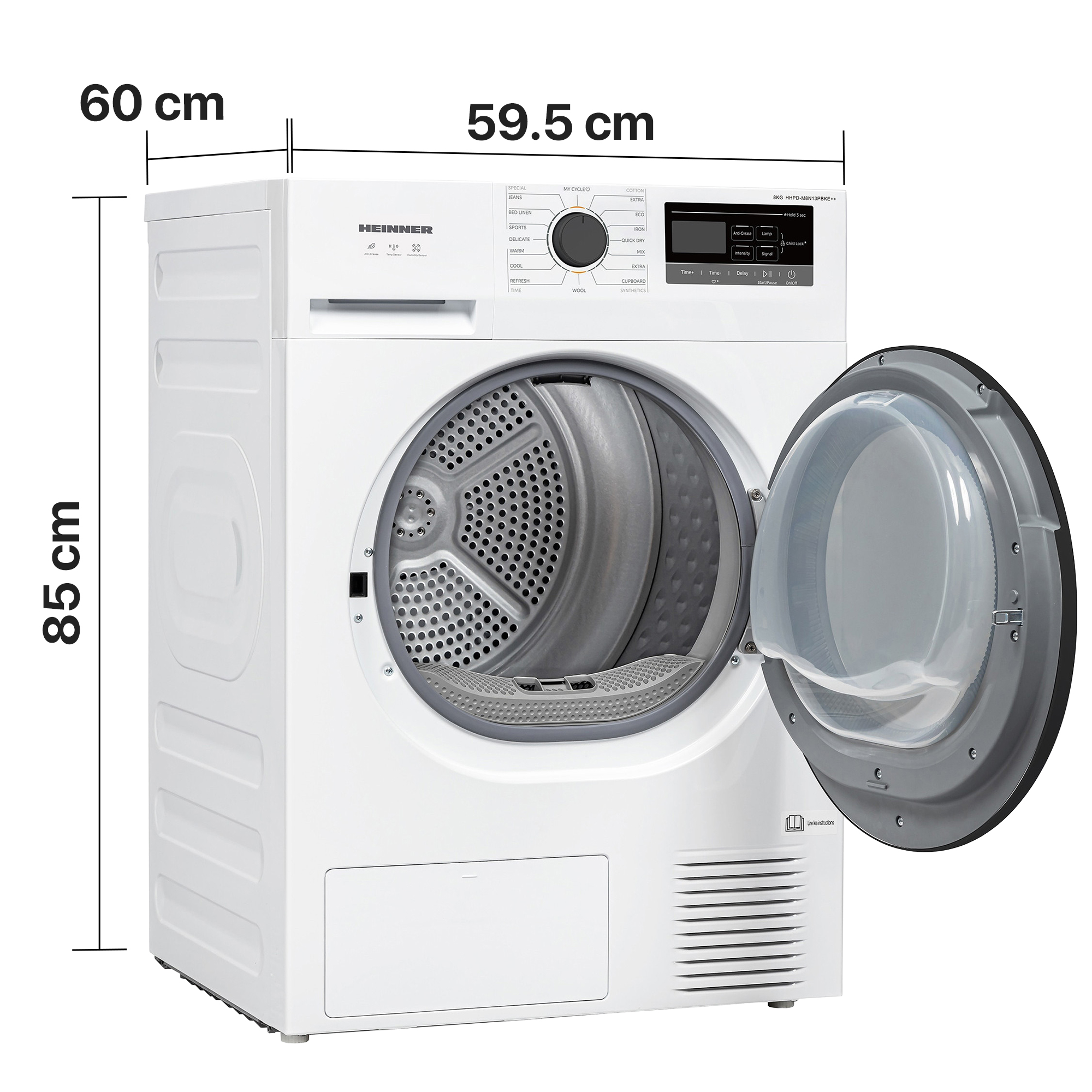 A white Heinner tumble dryer with dimensions shown: 85 cm height, 59.5 cm width, and 60 cm depth, with open door.