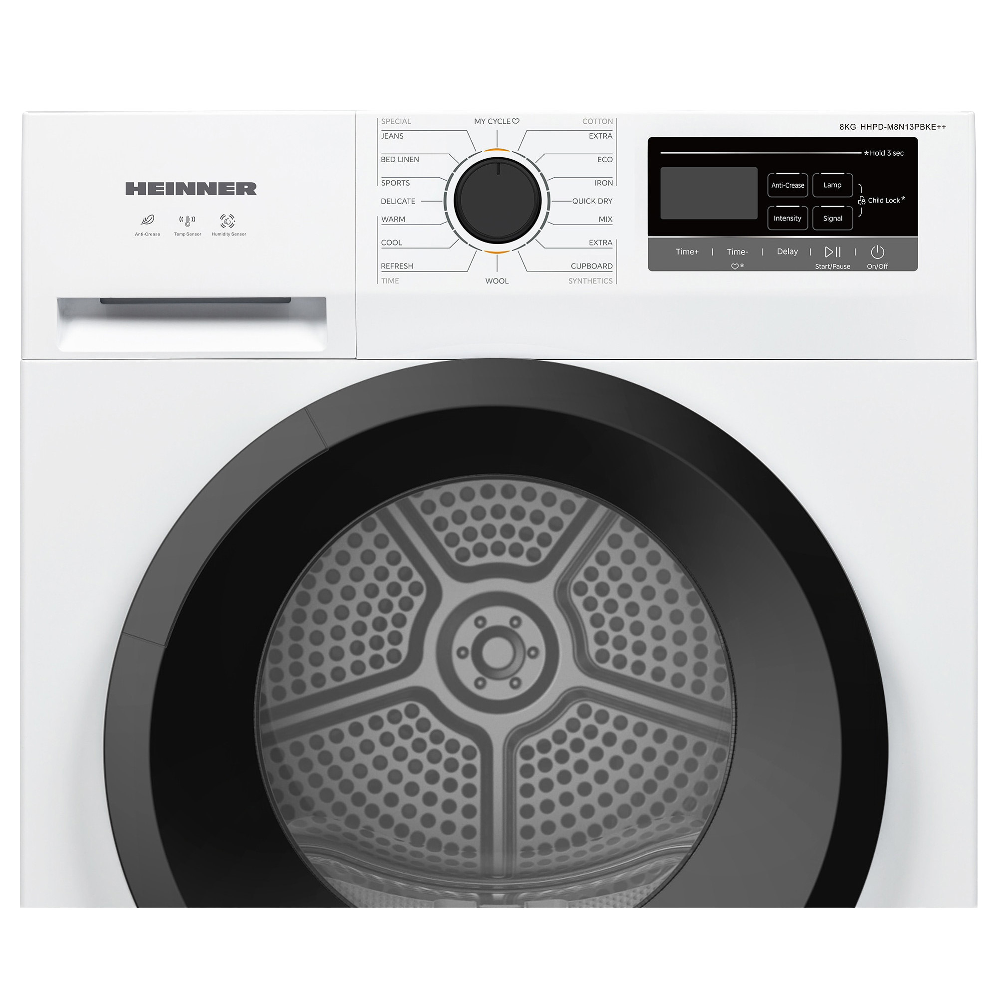 White Heinner tumble dryer featuring a black glass door, rotary dial, and digital control panel.