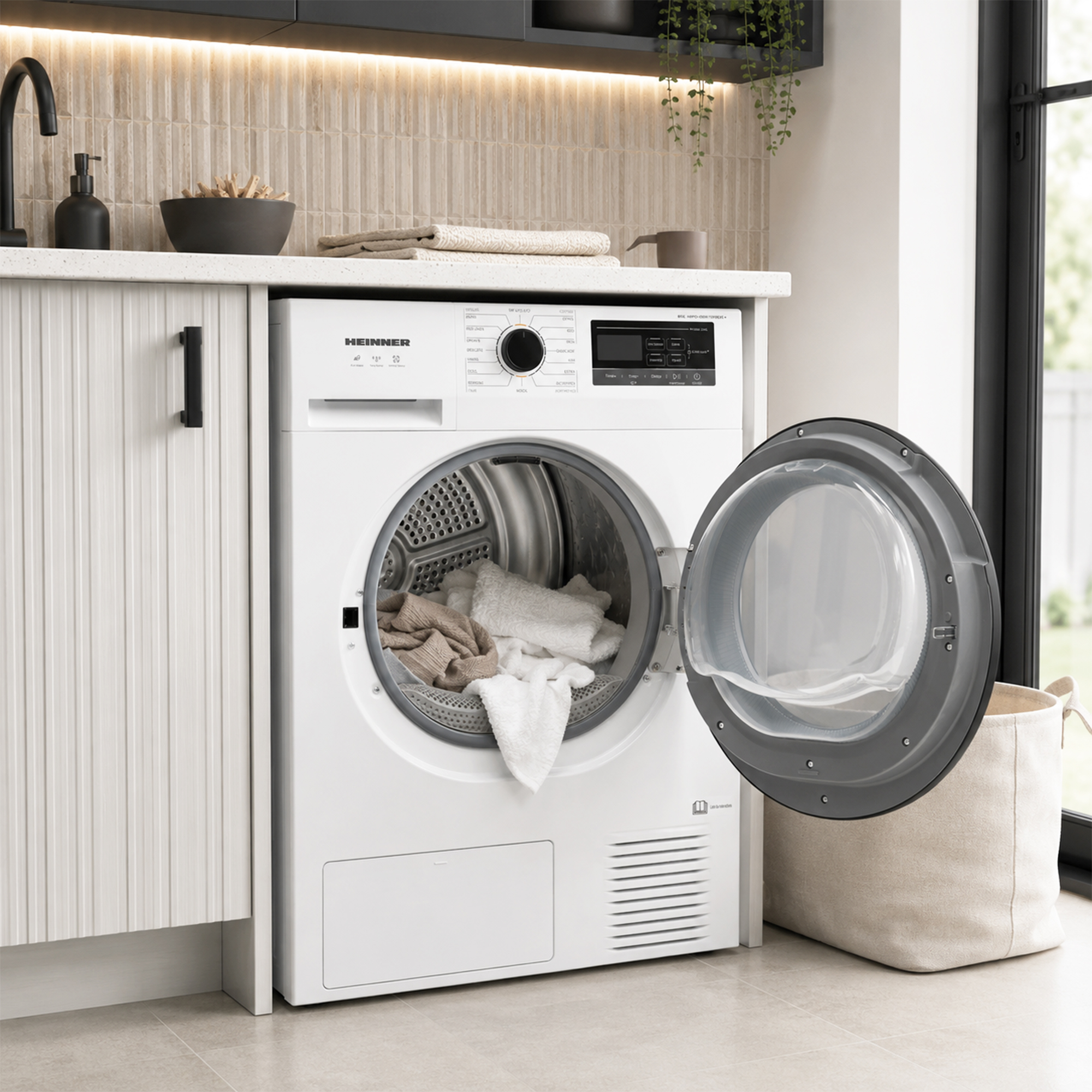 White tumble dryer with open door in a modern kitchen with light countertop and laundry basket.