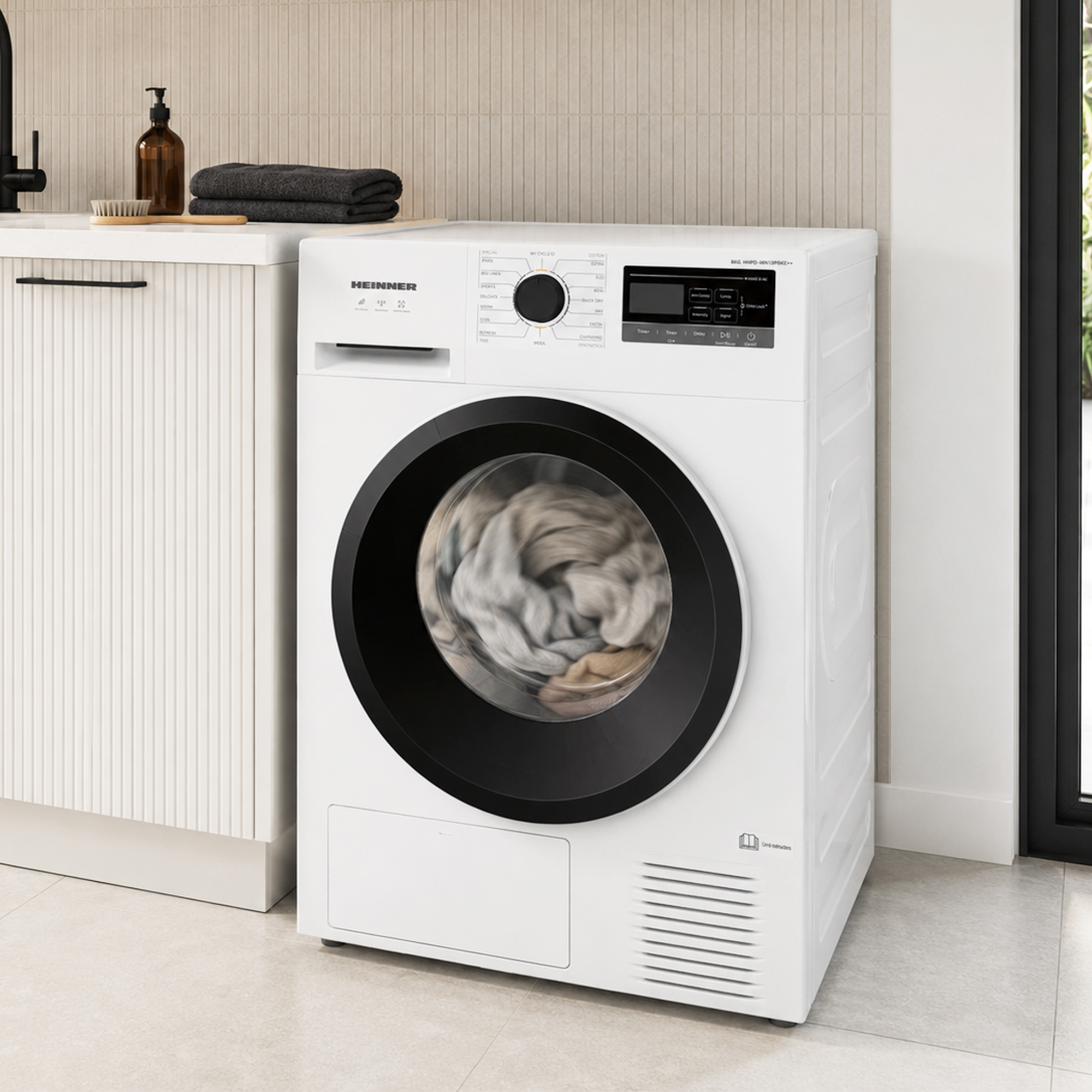 A white washing machine with a black door stands in a bathroom with a tiled wall and white cabinets.