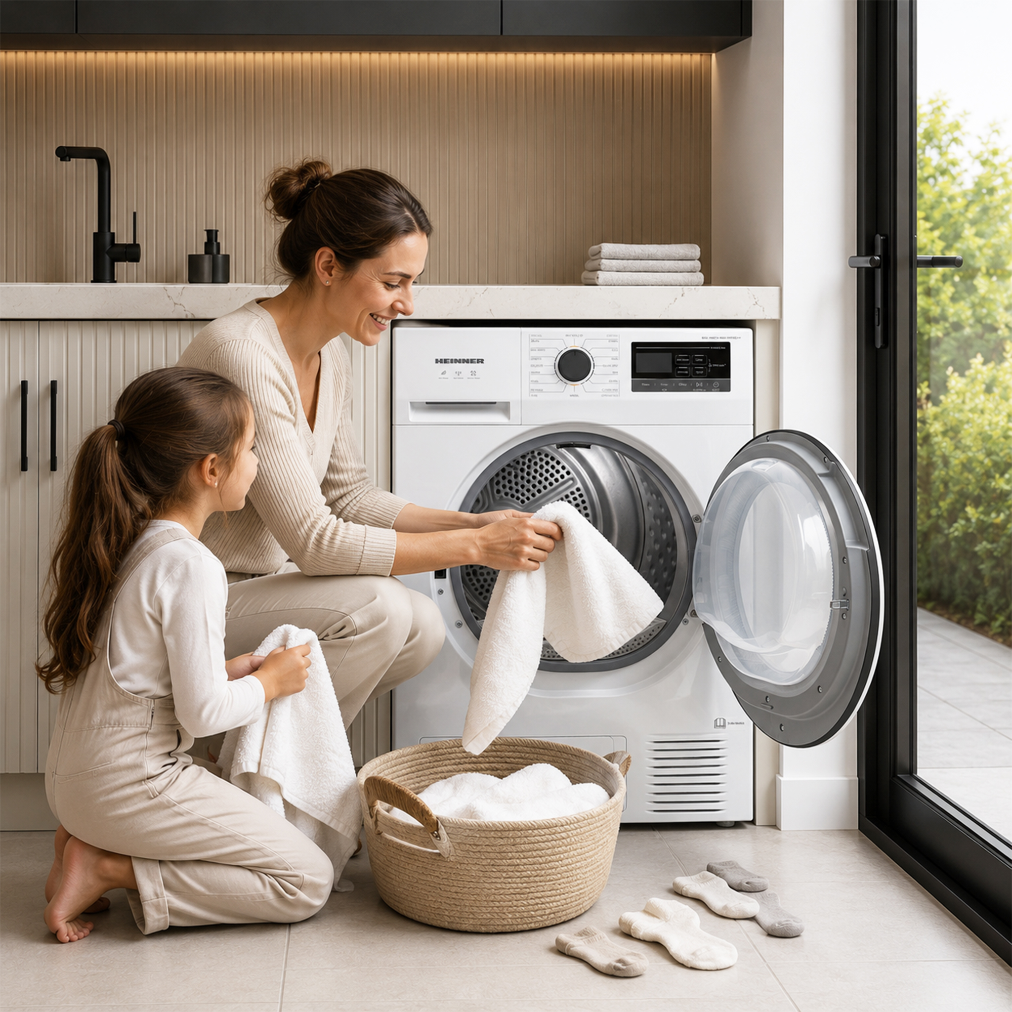 A woman and a young girl load white towels into a dryer.