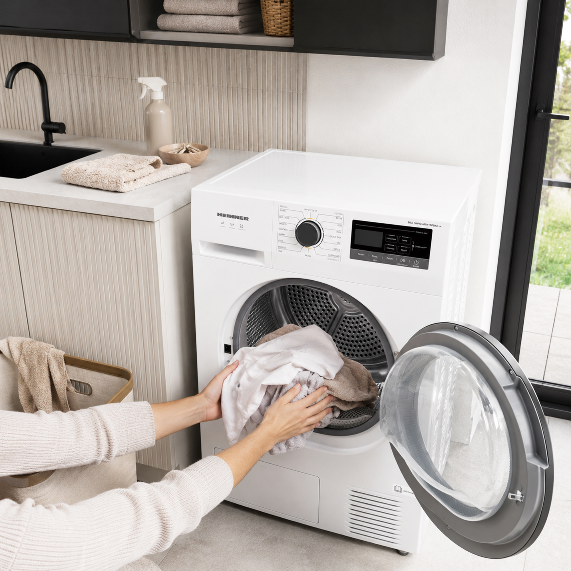 A person loads laundry into a white tumble dryer in a bright room.