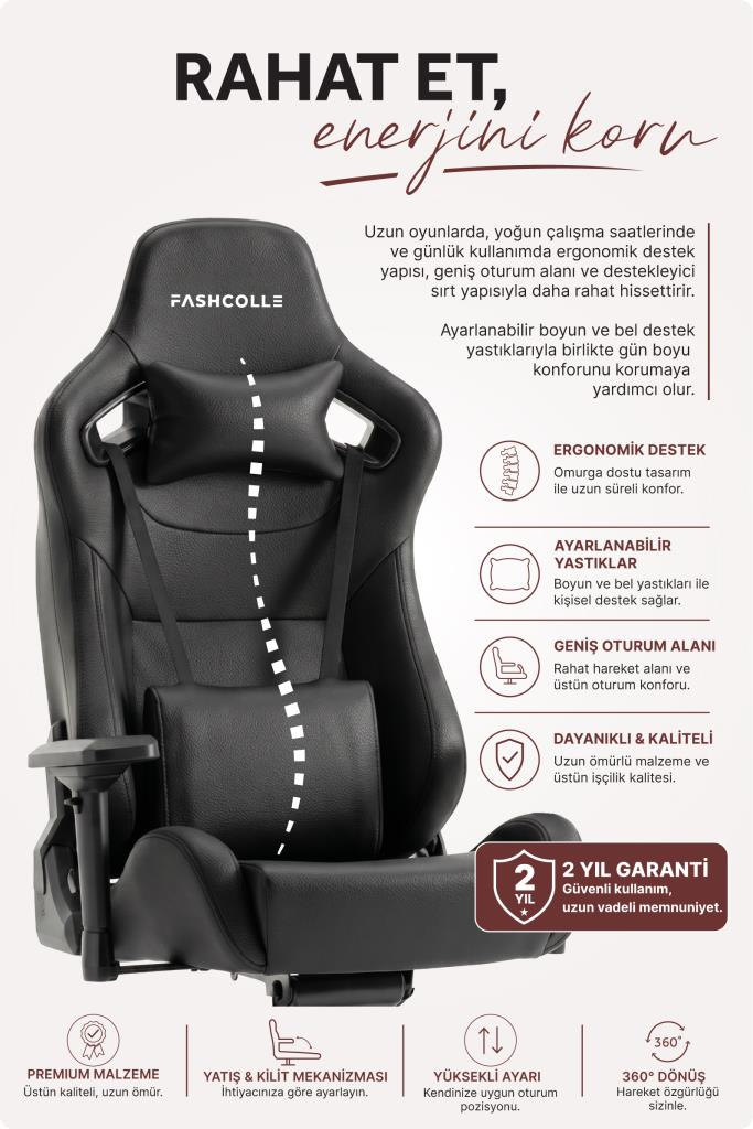 Ergonomik tasarımlı siyah oyuncu koltuğu, ayarlanabilir yastıkları ve özellik simgeleri.