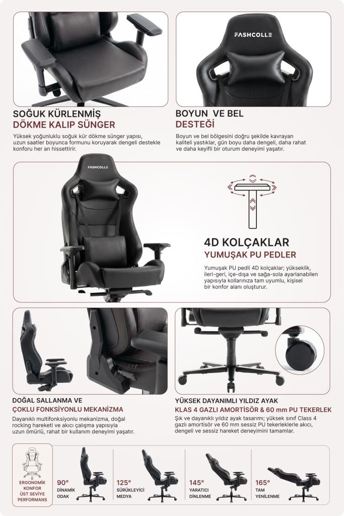 Siyah renkli oyuncu koltuğunun yastık, kolçak, mekanizma ve tekerlek gibi ergonomik özelliklerini gösteren bir reklam.