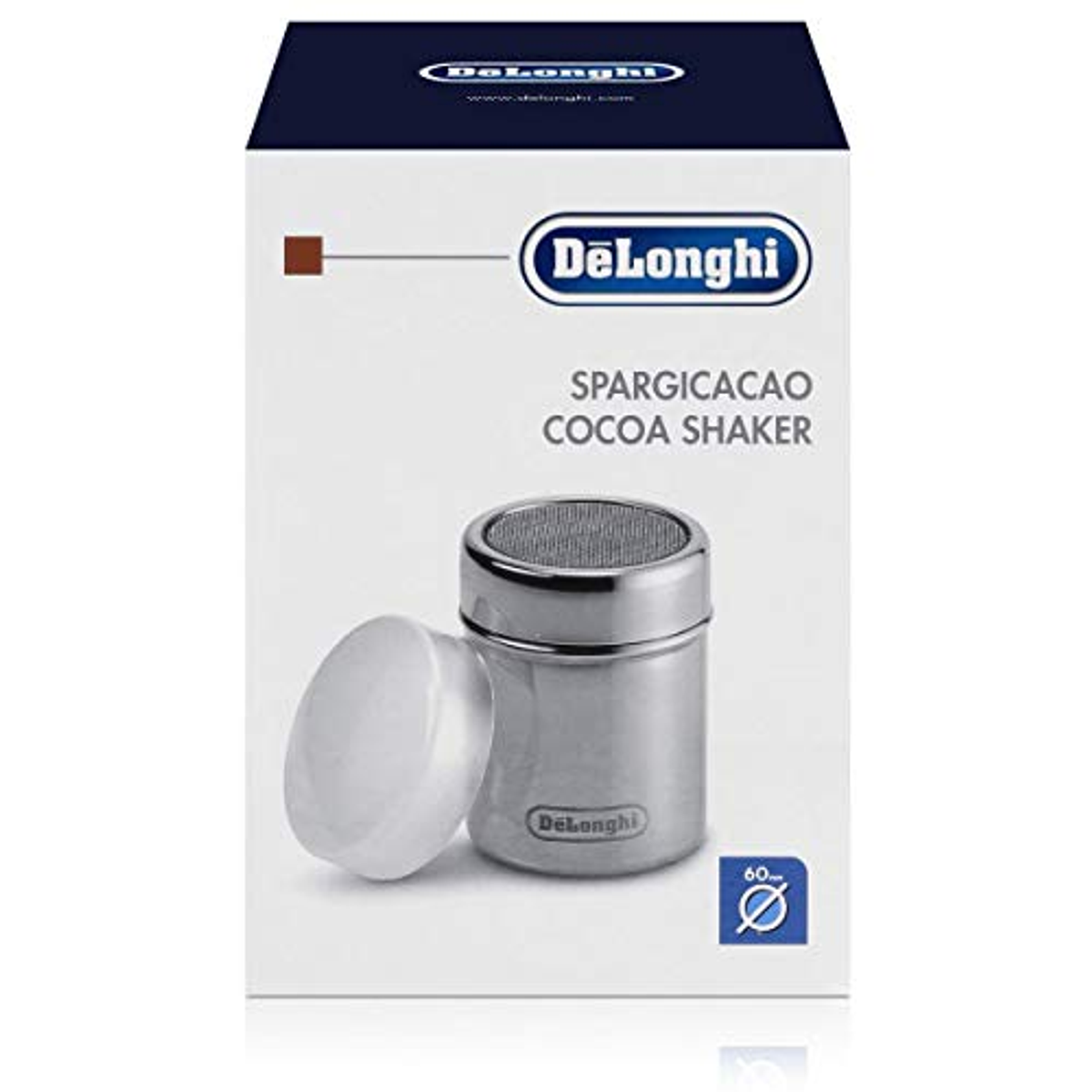 De'Longhi Kakaostreuer in Edelstahloptik mit abnehmbarem Deckel auf weißer Produktverpackung.