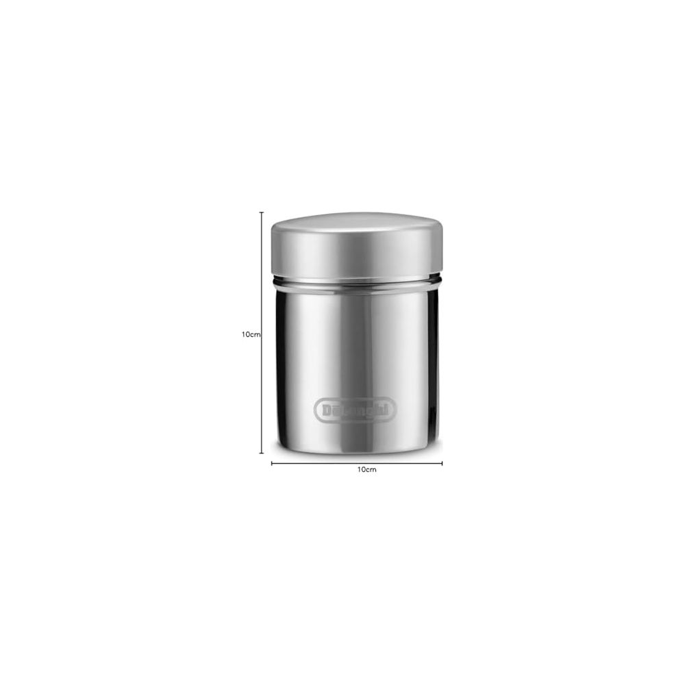 Glänzender Edelstahlbehälter von DeLonghi, 10cm hoch und 10cm breit, auf weißem Hintergrund.