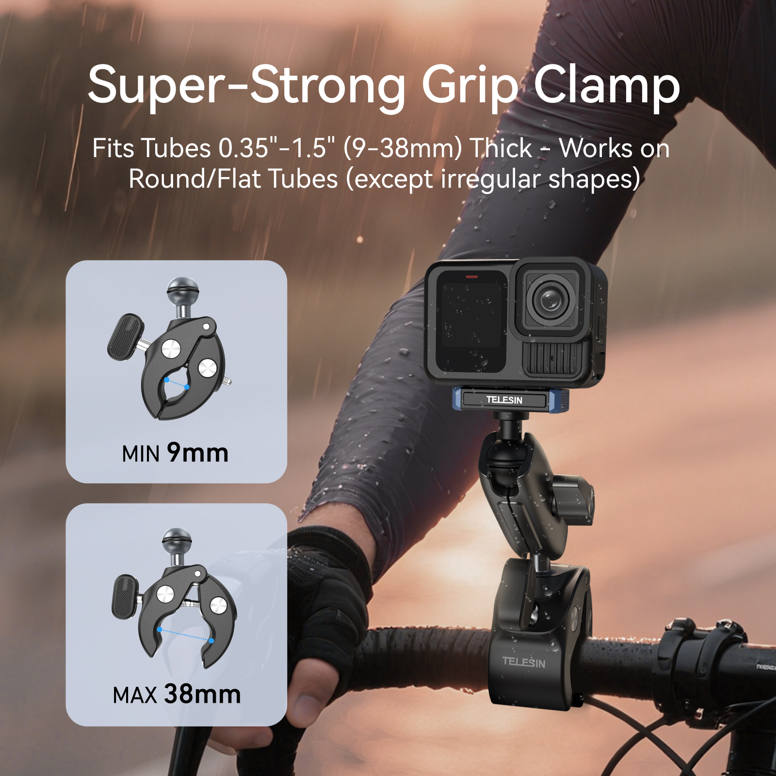 Een Telesin Super-Strong klem bevestigt een actiecamera aan een fietsstuur. Insets tonen de min- en max-maten.