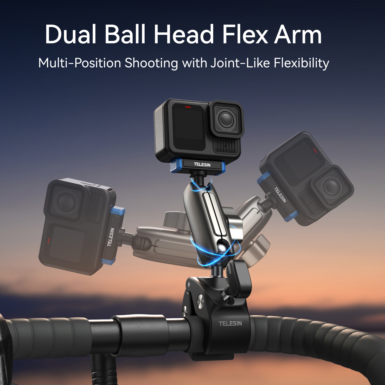 Een Telesin flexibele arm met dubbele kogelkop is bevestigd aan een stuur met actiecamera.