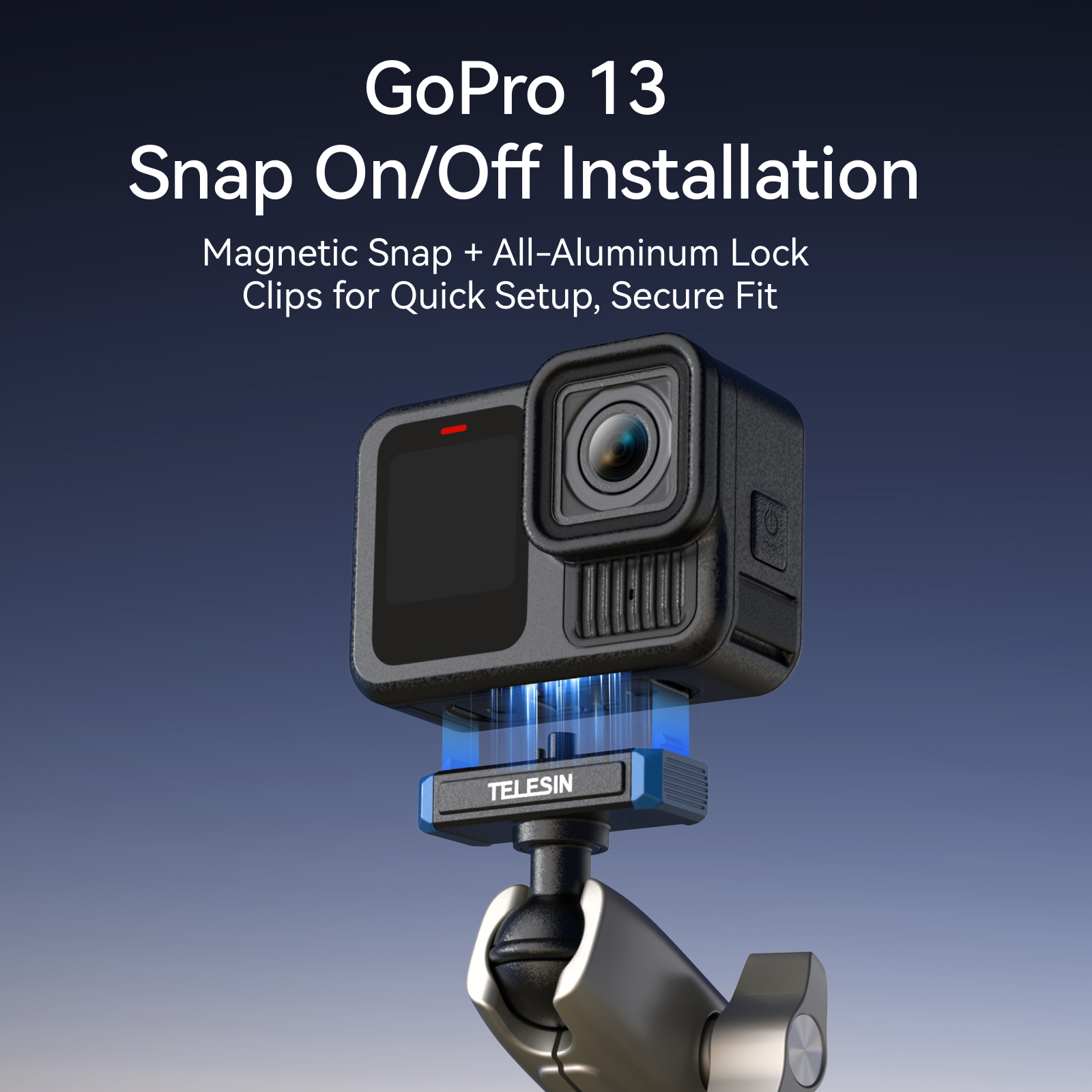GoPro 13 camera gemonteerd op magnetische Telesin-houder tegen blauwe achtergrond.