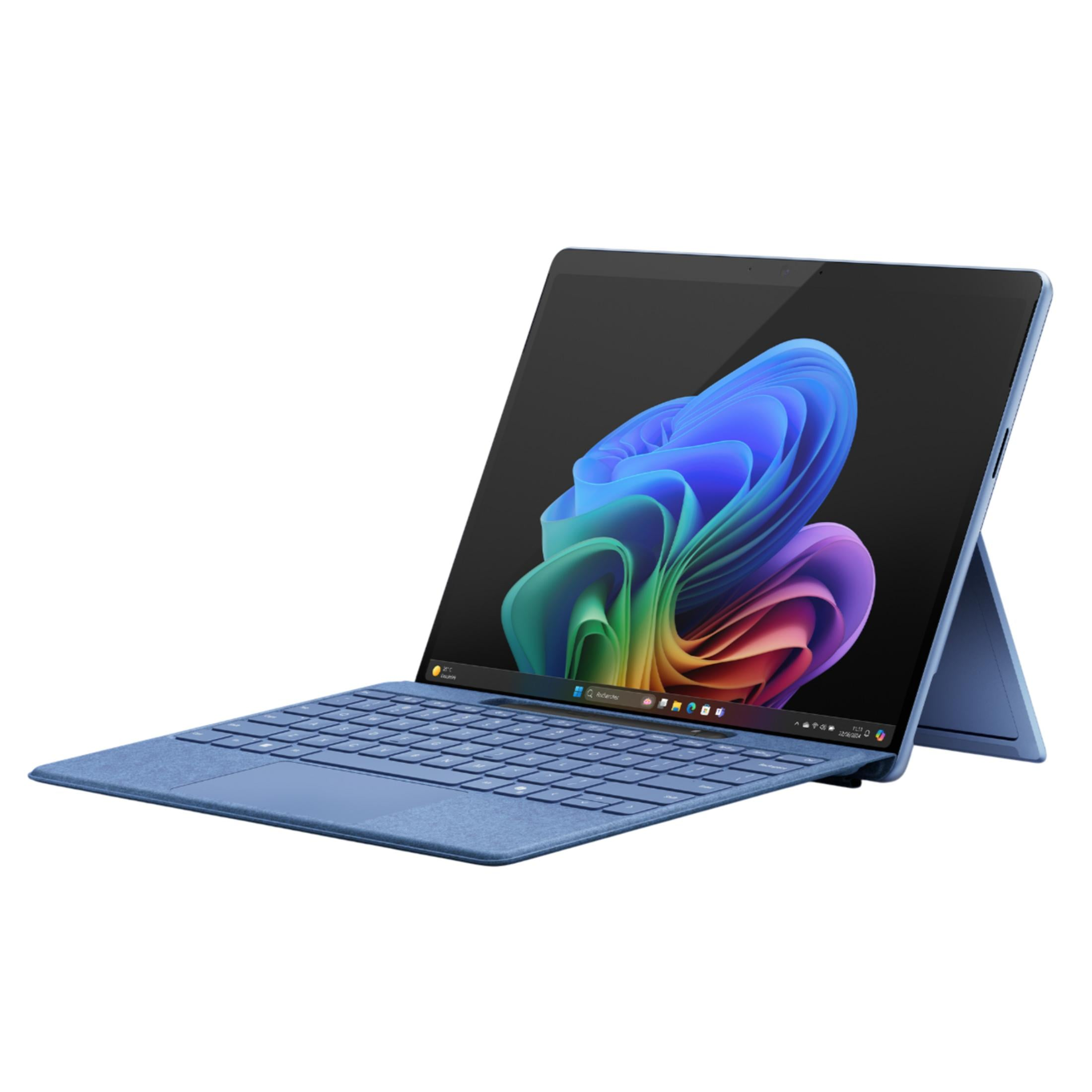 Een blauwe 2-in-1 laptop met een kleurrijke abstracte screensaver op een witte achtergrond.