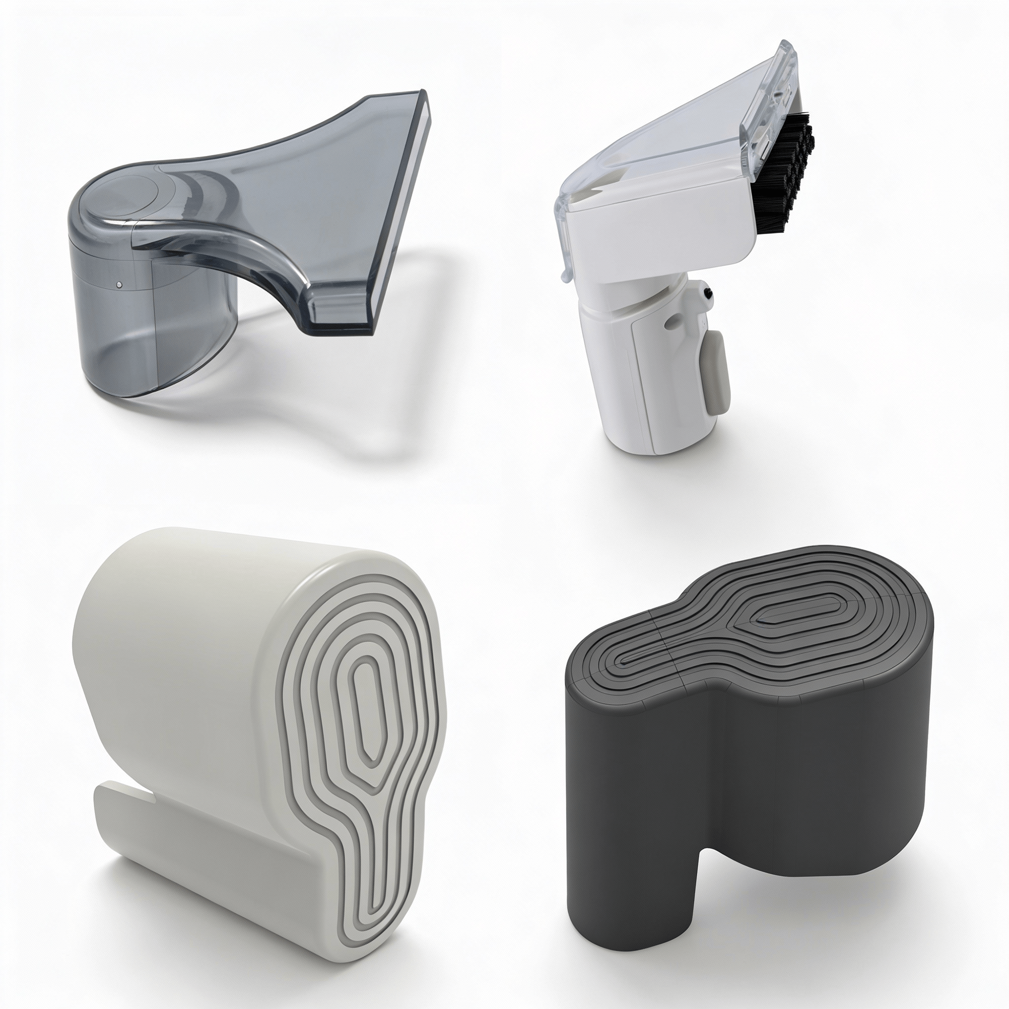 Quattro diversi accessori per aspirapolvere bianchi e grigi su sfondo bianco.