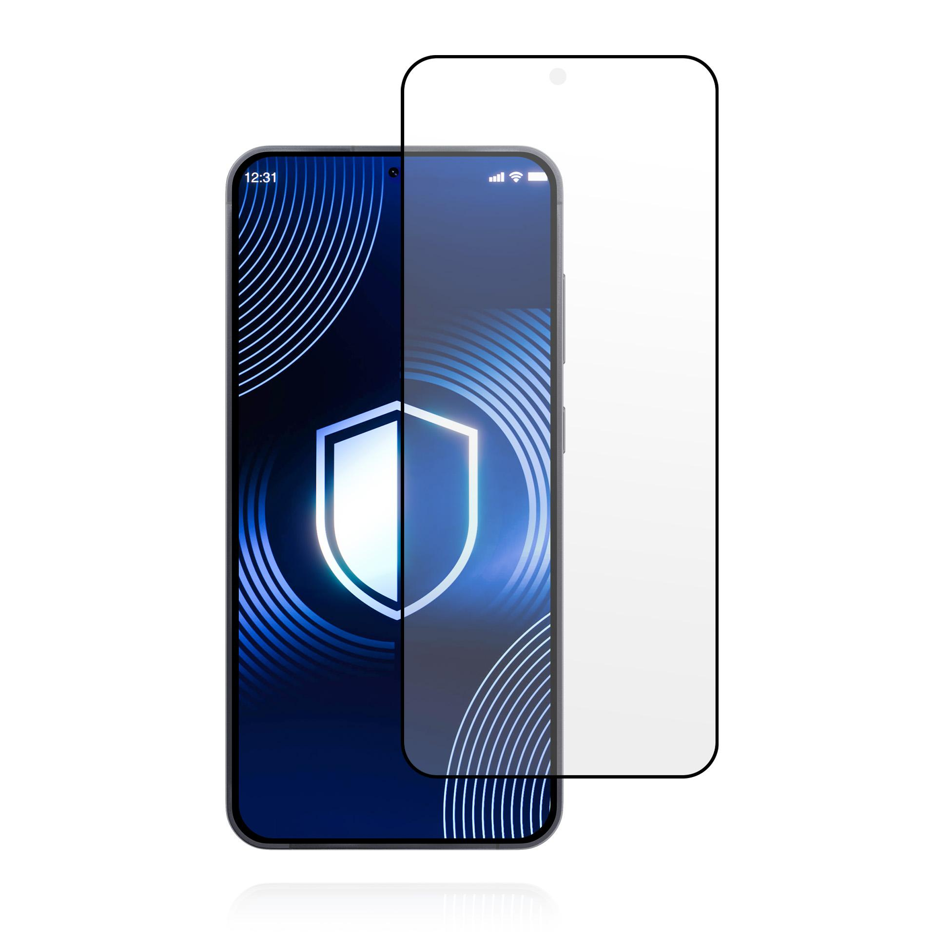 Smartphone con display blu e pellicola protettiva in primo piano su sfondo bianco.