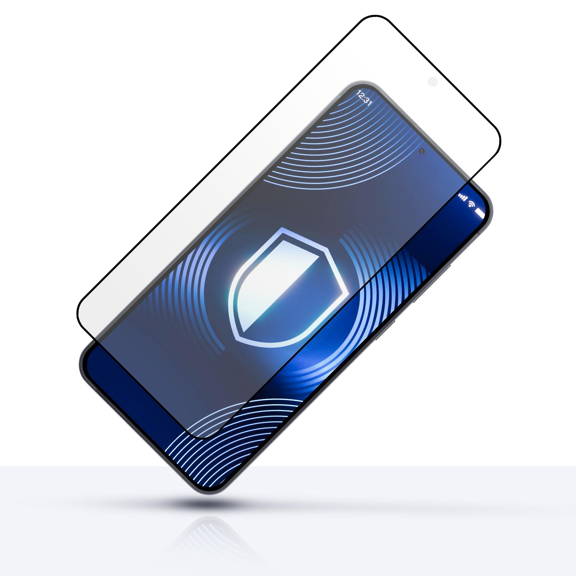 Uno smartphone con schermo blu e un pannello di vetro protettivo sopra, su sfondo bianco.