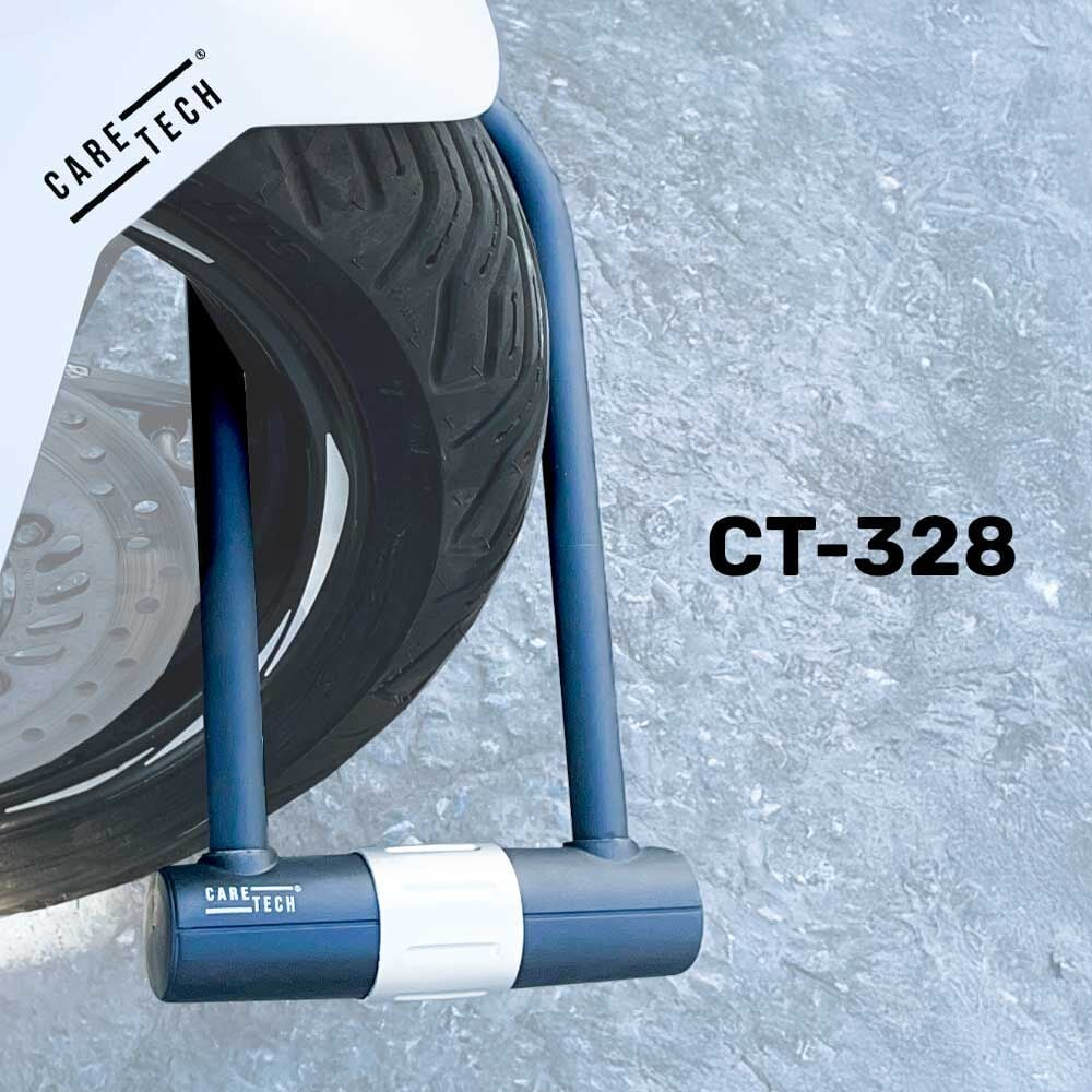 Motosiklet lastiğine kilitlenmiş mavi-beyaz bir U kilit, sağda CT-328 yazısı.