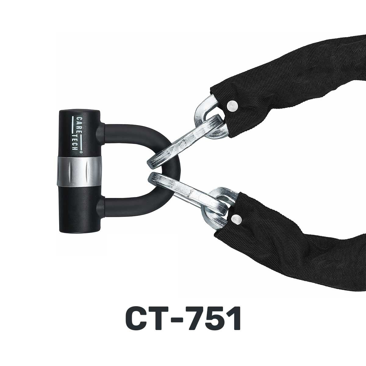 Beyaz arka planda iki ağır zincire sahip siyah bir Care-Tech U-kilit ve CT-751 yazısı.