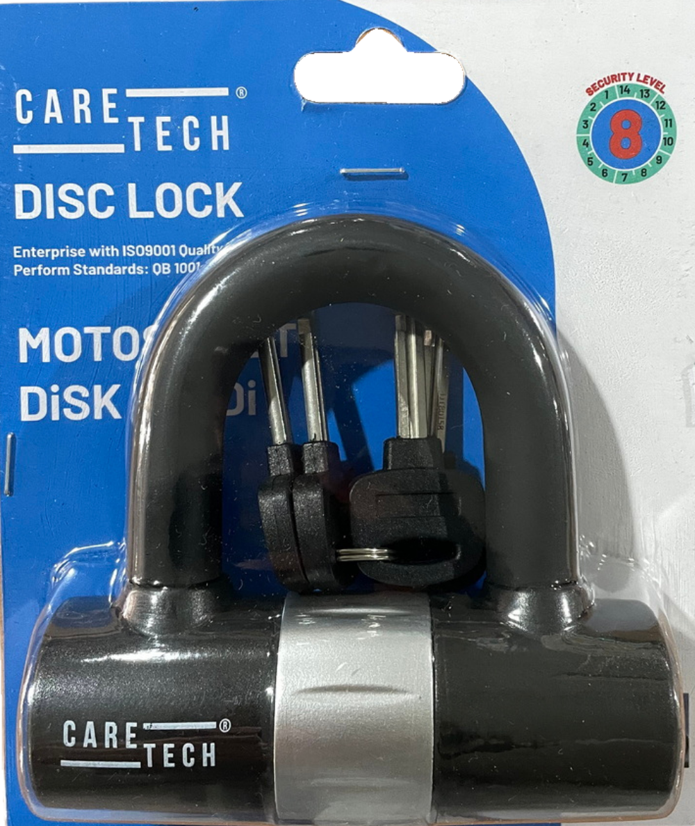 U halkasının içinde iki anahtar bulunan ambalajlı siyah Care Tech disk kilidi.