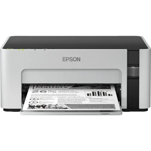 Una stampante Epson bianca e nera con un documento stampato nel vassoio di uscita.
