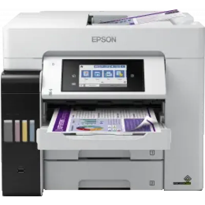 Une imprimante à jet d'encre Epson blanche avec écran et bac papier.