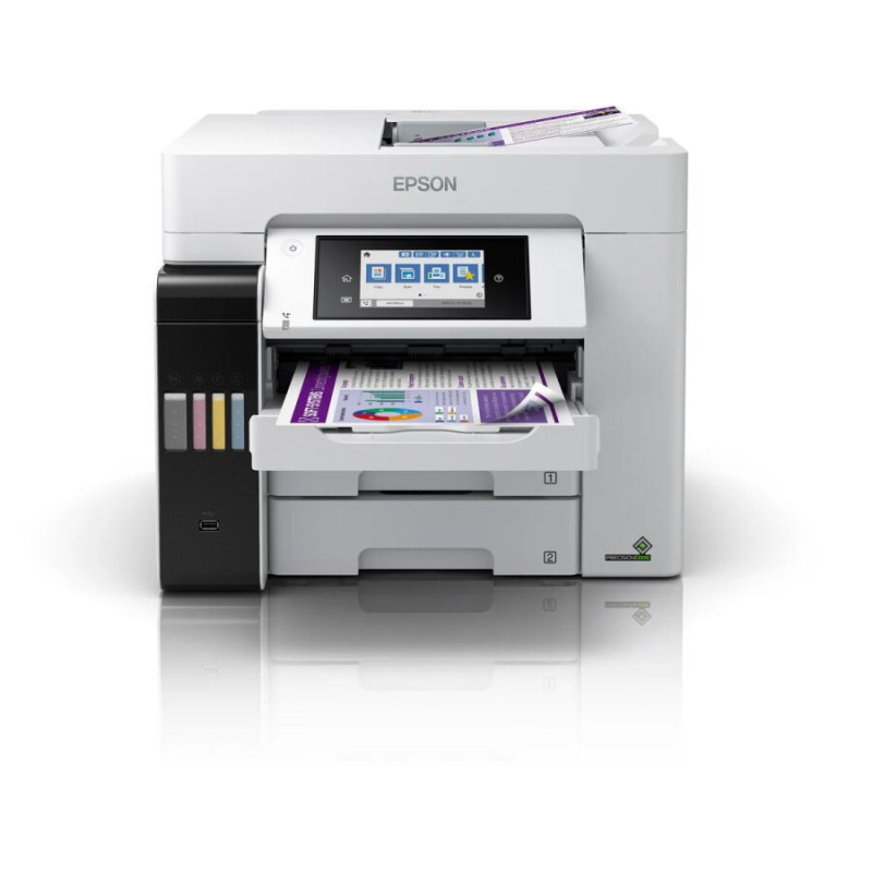 Une imprimante jet d'encre Epson blanche avec écran tactile, deux bacs à papier et réservoir d'encre visible.