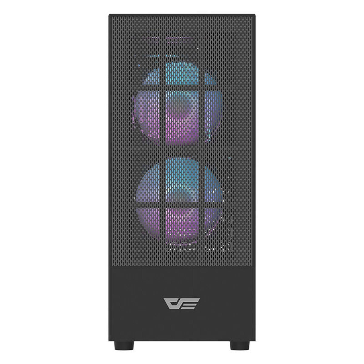 Case per PC nero con frontale in rete e due ventole illuminate.