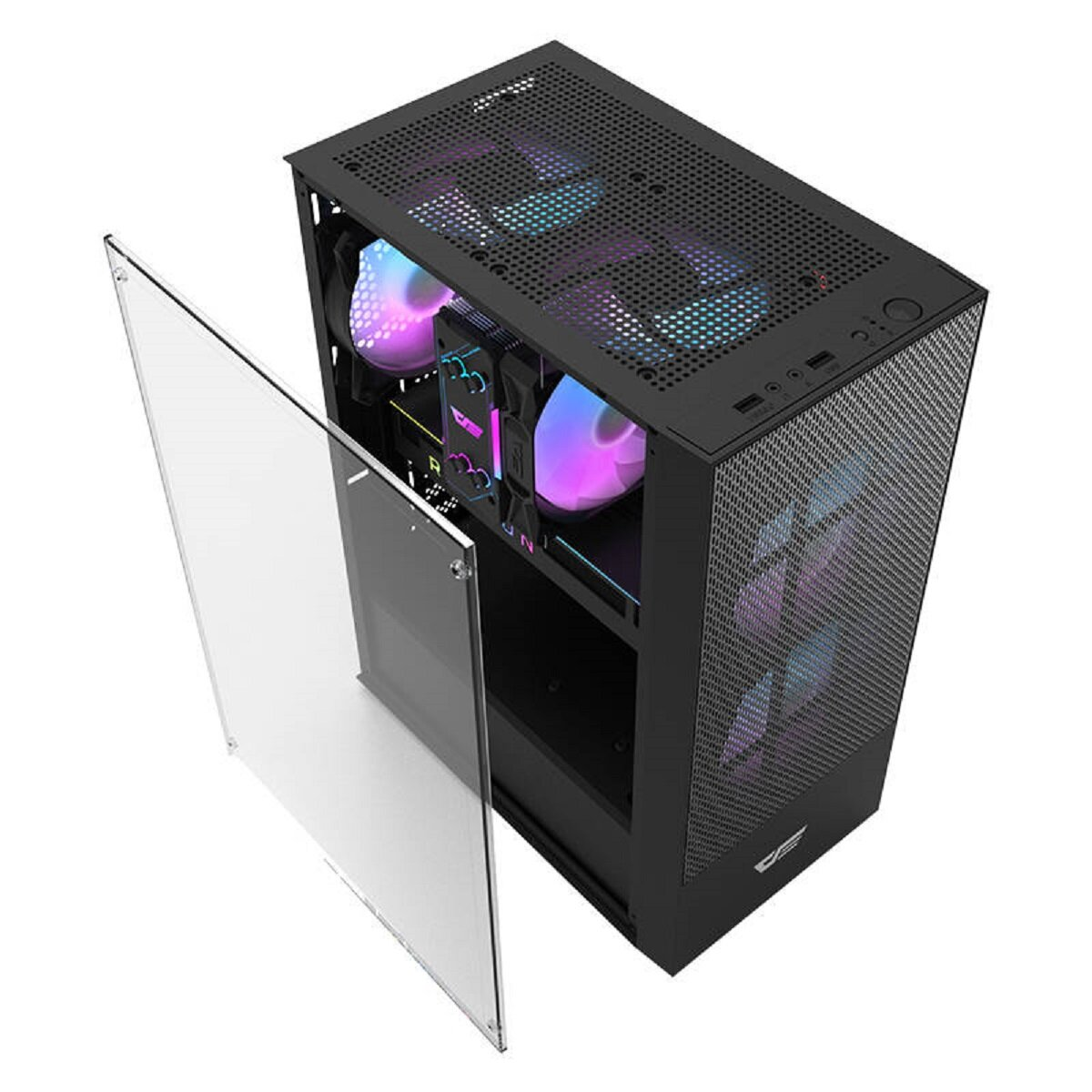 Un case per PC nero con ventole RGB e pannello laterale in vetro.