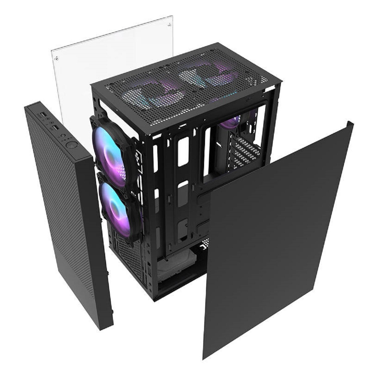 Vista esplosa di un case per PC nero con ventole illuminate e pannelli rimovibili.