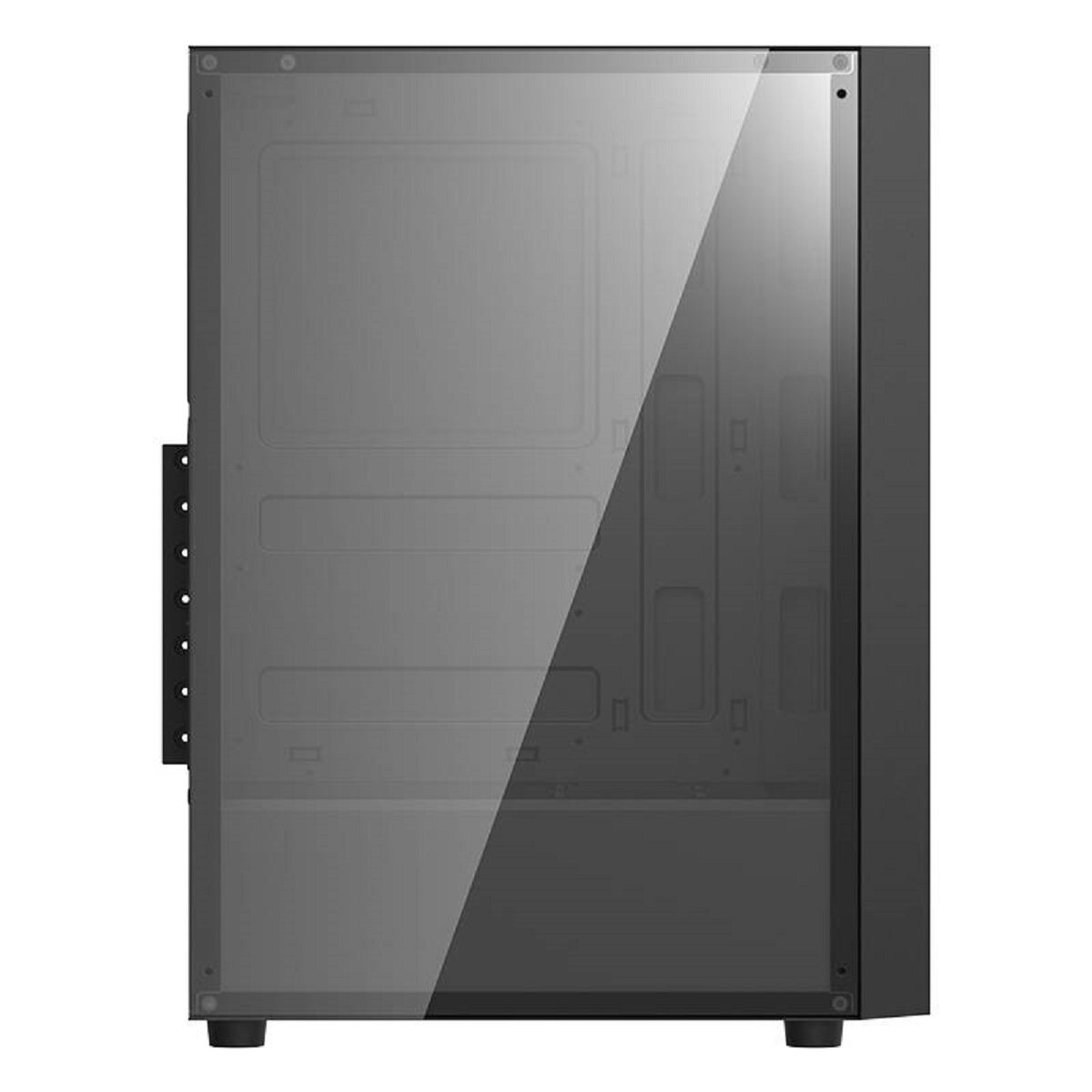Un case per PC nero con pannello laterale in vetro temperato su sfondo bianco.