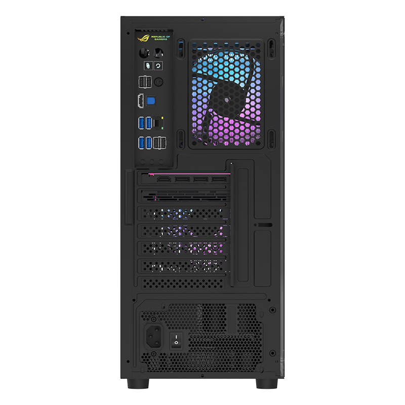 Vista posteriore di un case PC nero con porte, una ventola con illuminazione e alloggiamento alimentatore.