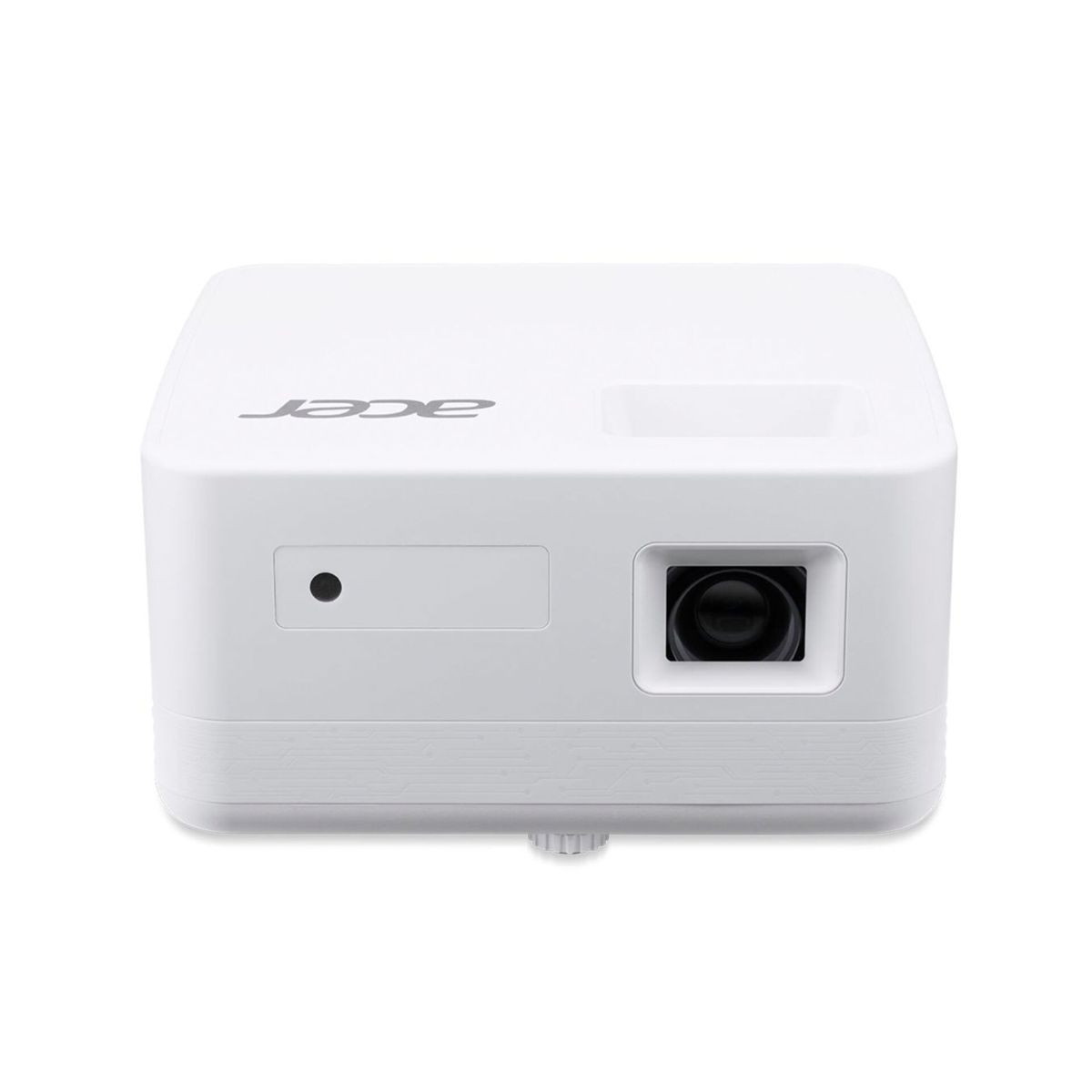 Un proyector Acer blanco con una lente negra y diseño minimalista sobre fondo blanco.
